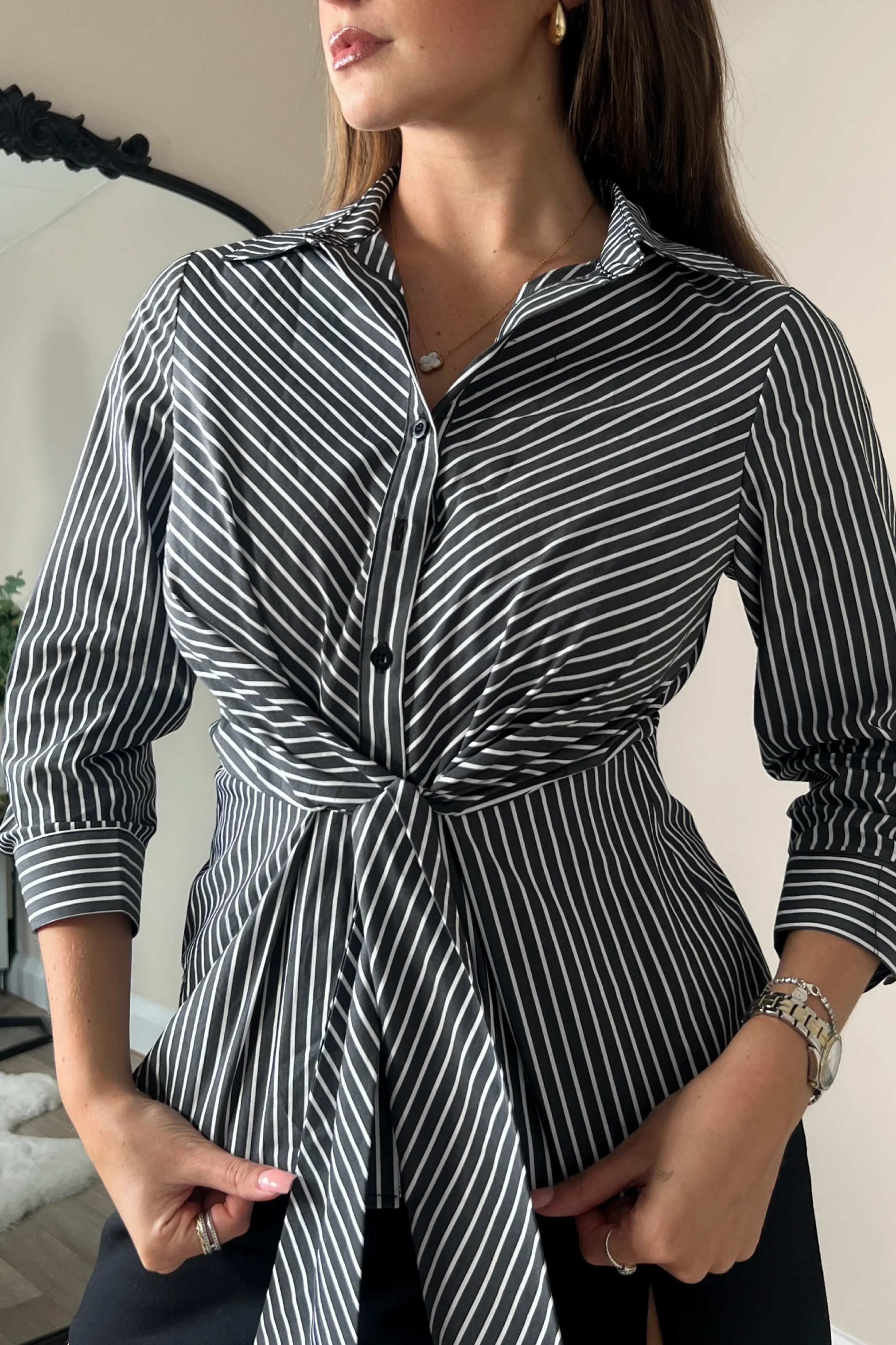 Philippa Tie Front Collar Shirt Black Stripe - Image 4