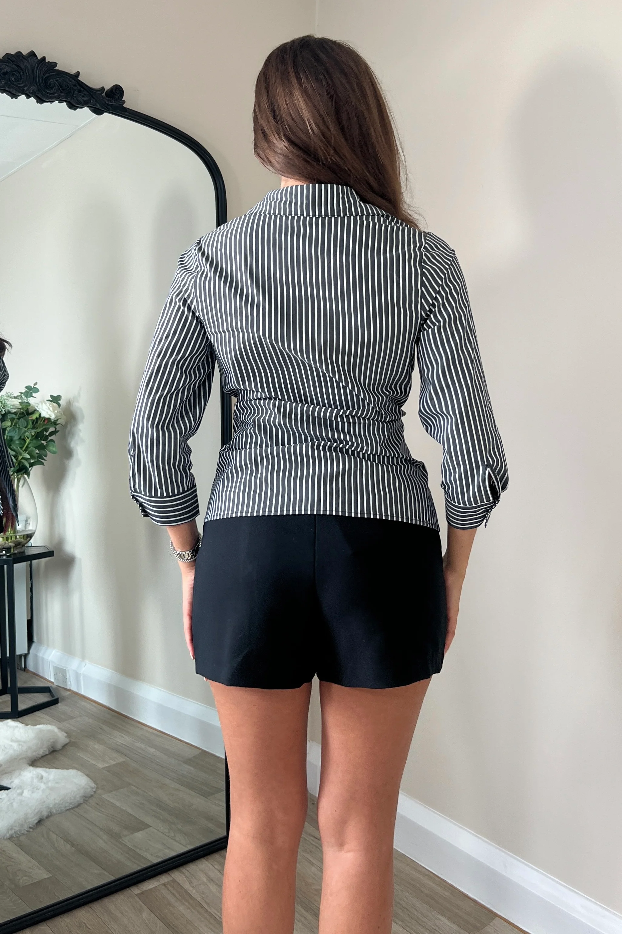 Philippa Tie Front Collar Shirt Black Stripe - Image 6