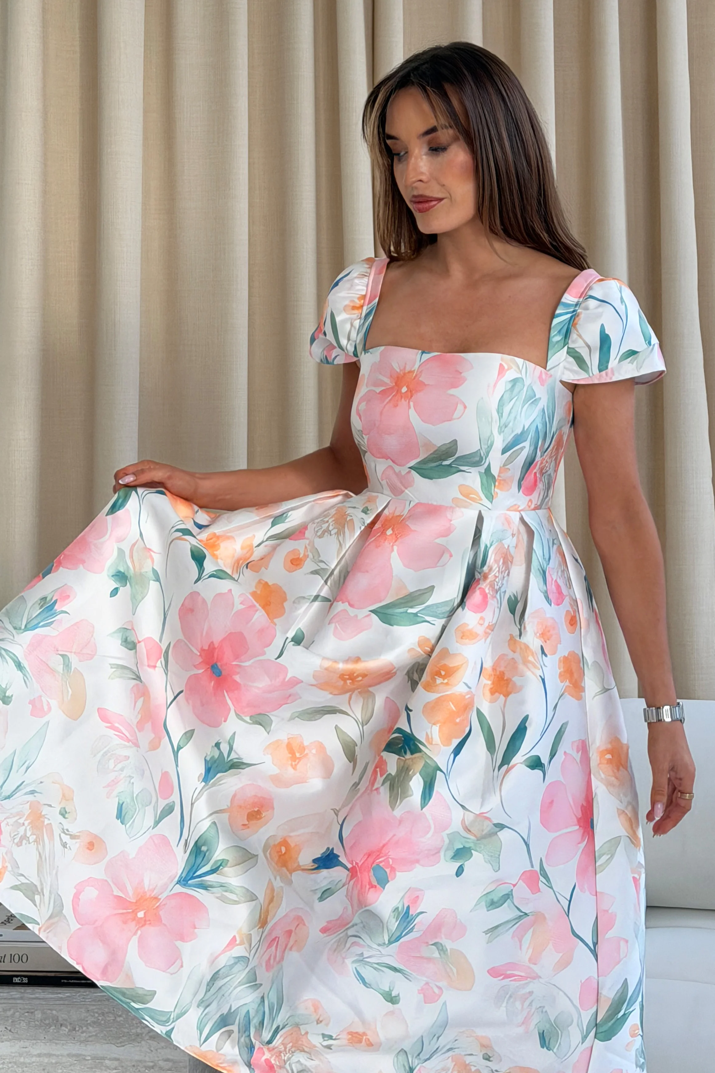 Prim Cap Sleeve Pastel Floral Midi Dress - Image 4