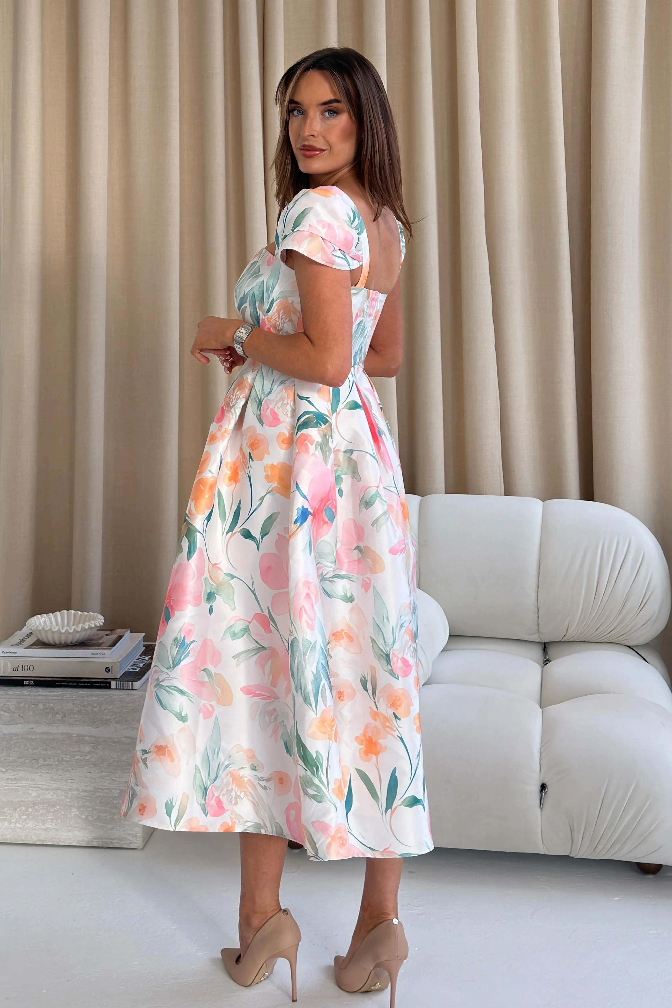 Prim Cap Sleeve Pastel Floral Midi Dress - Image 5