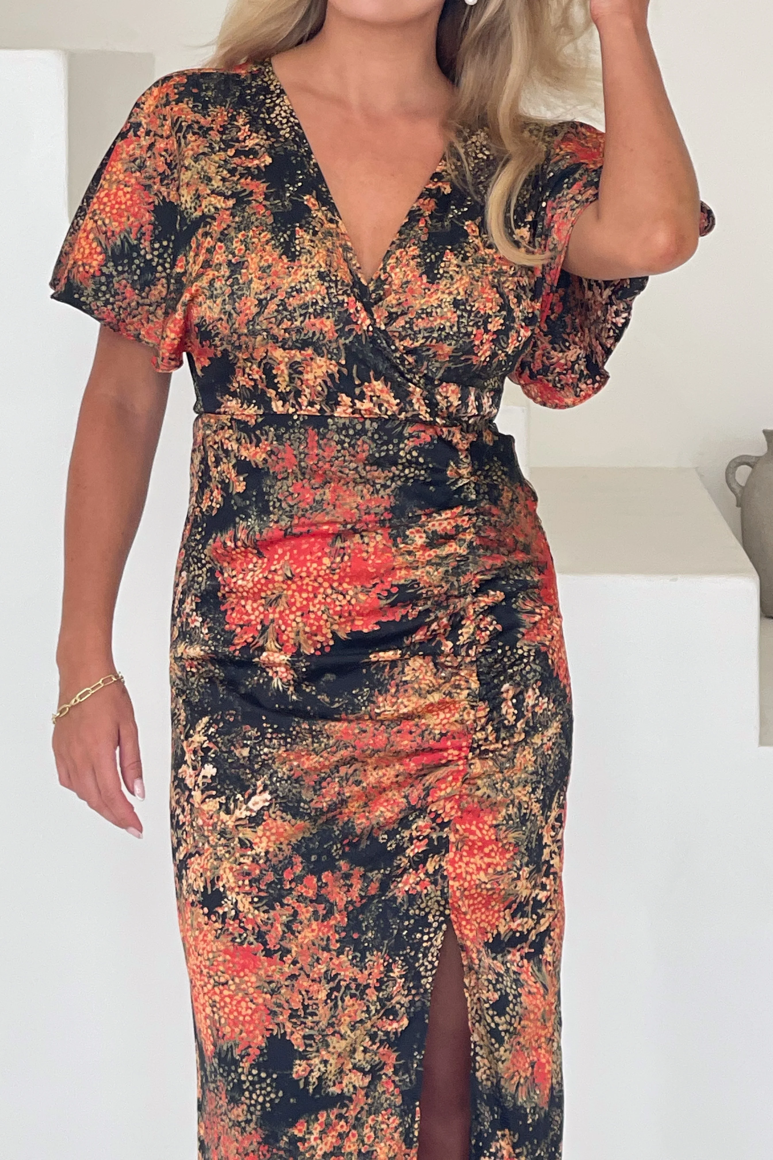 Priscilla Ruched Detail Midi Dress Orange Print - Image 2