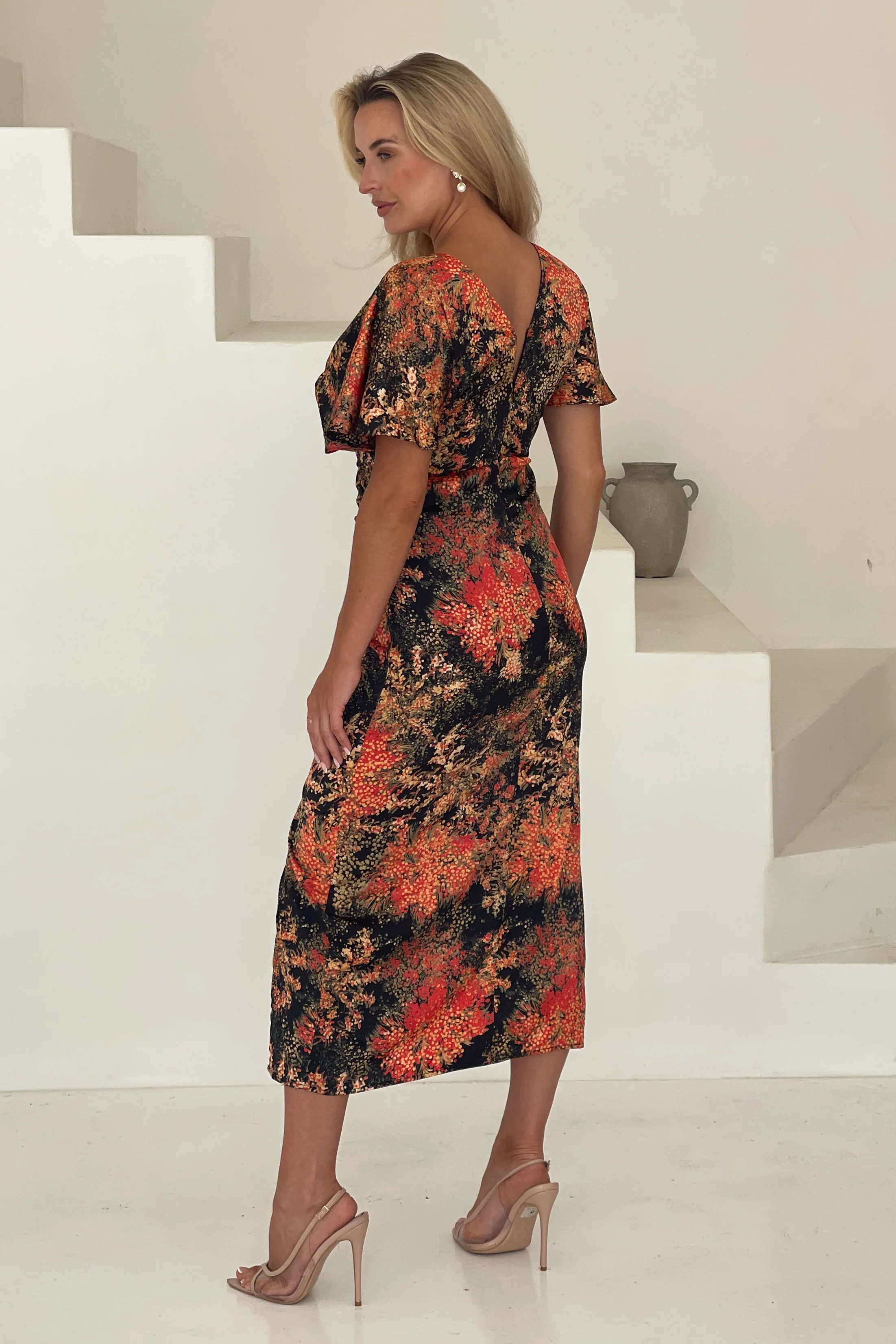 Priscilla Ruched Detail Midi Dress Orange Print - Image 4