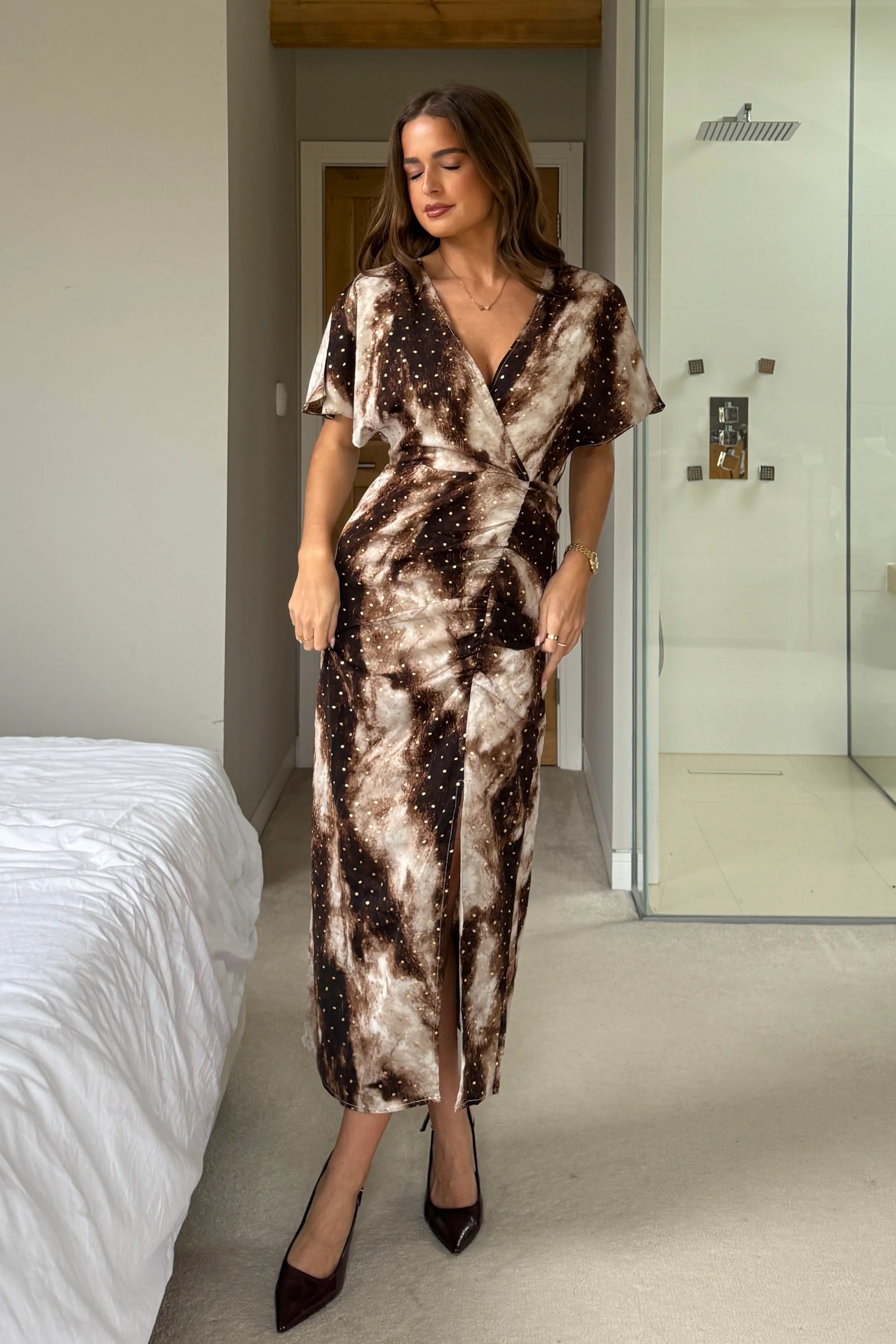 Priscilla Wrap Over Ruched Detail Midi Dress Foiled Brown Abstract - Image 3