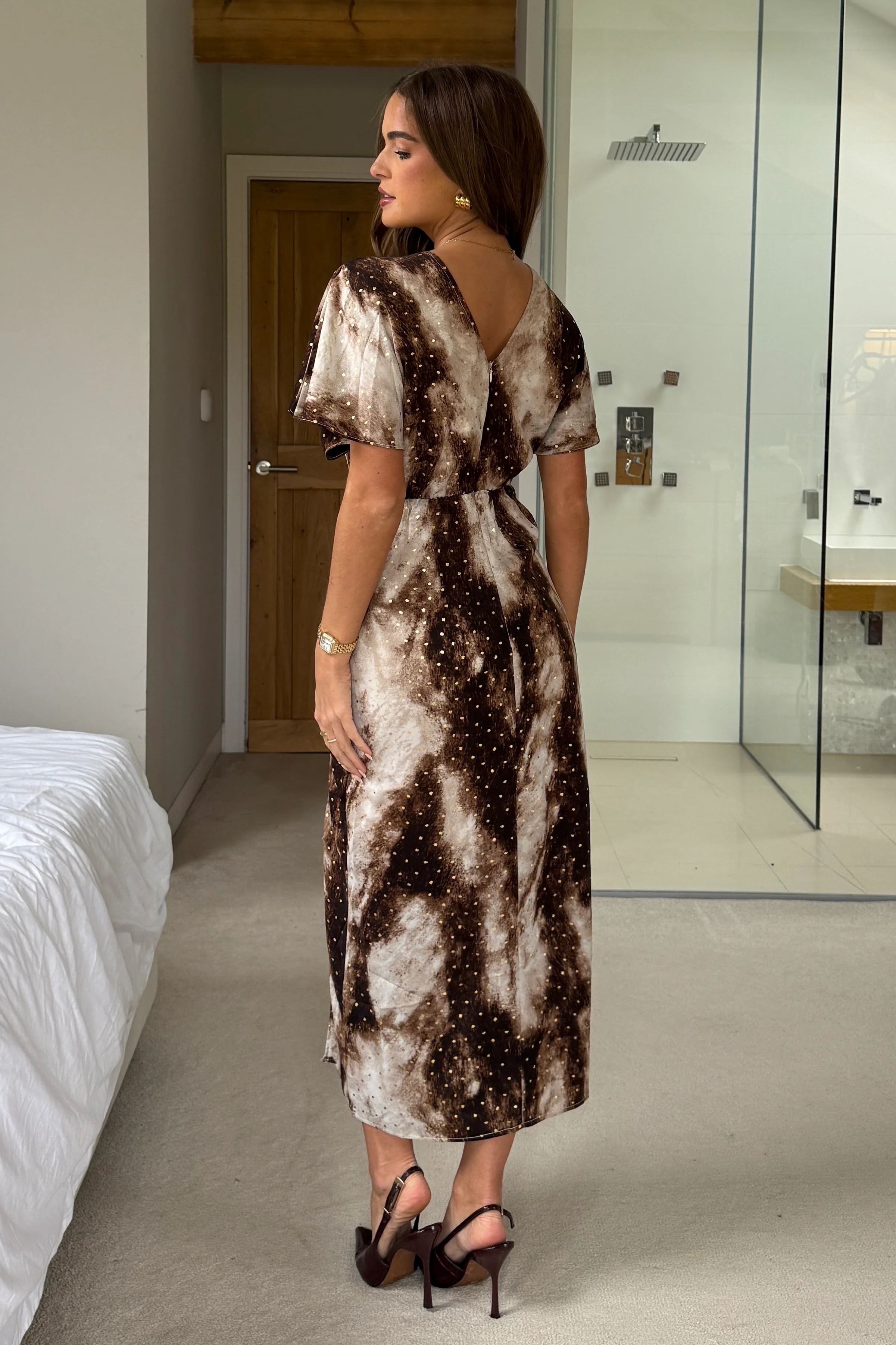 Priscilla Wrap Over Ruched Detail Midi Dress Foiled Brown Abstract - Image 5