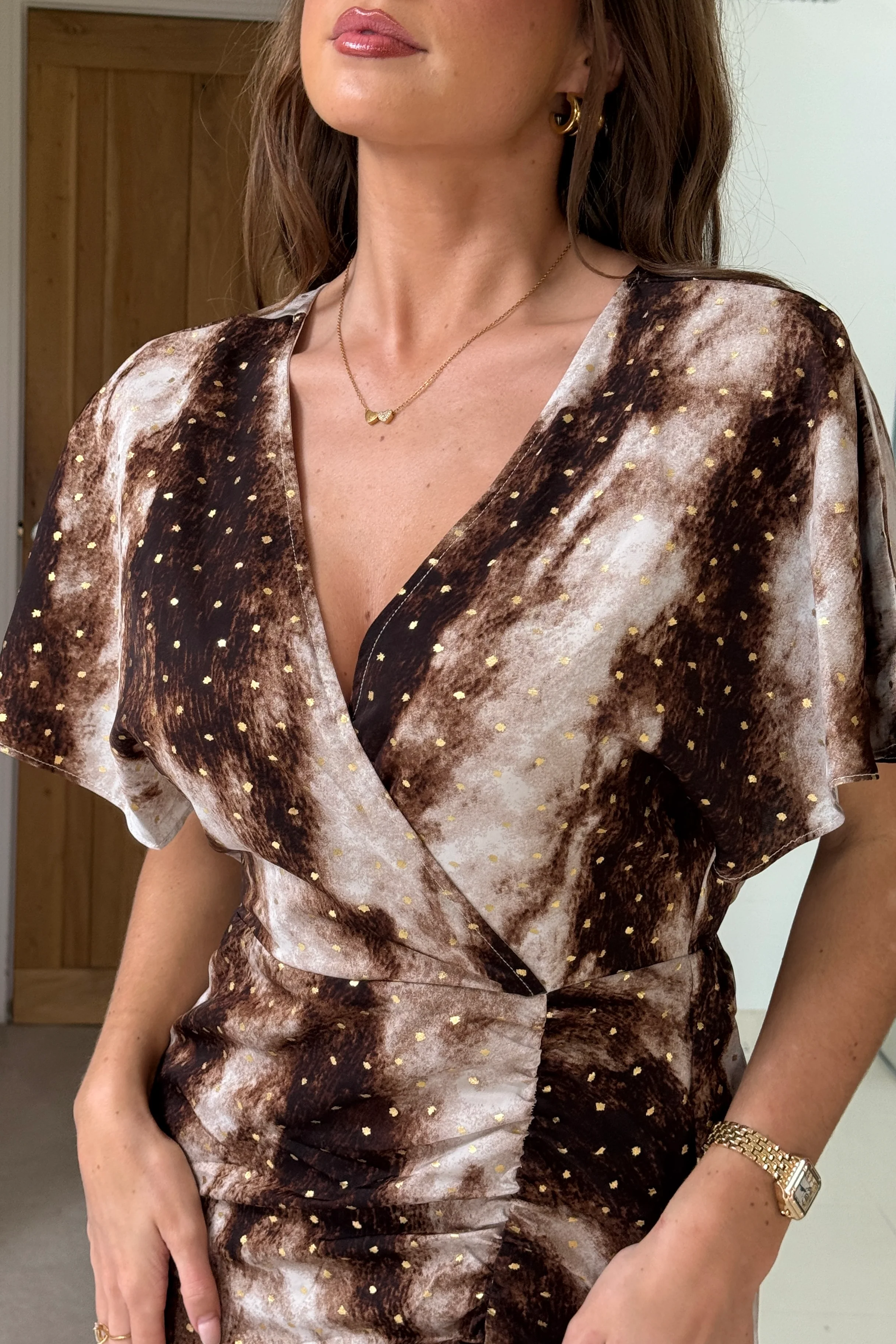 Priscilla Wrap Over Ruched Detail Midi Dress Foiled Brown Abstract - Image 6