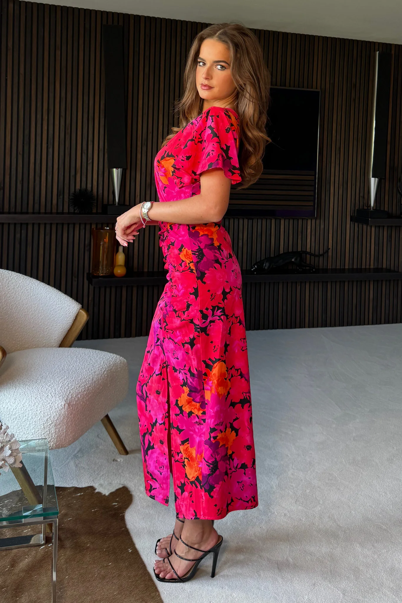 Priscilla Wrap Over Ruched Detail Midi Dress Pink Floral - Image 3
