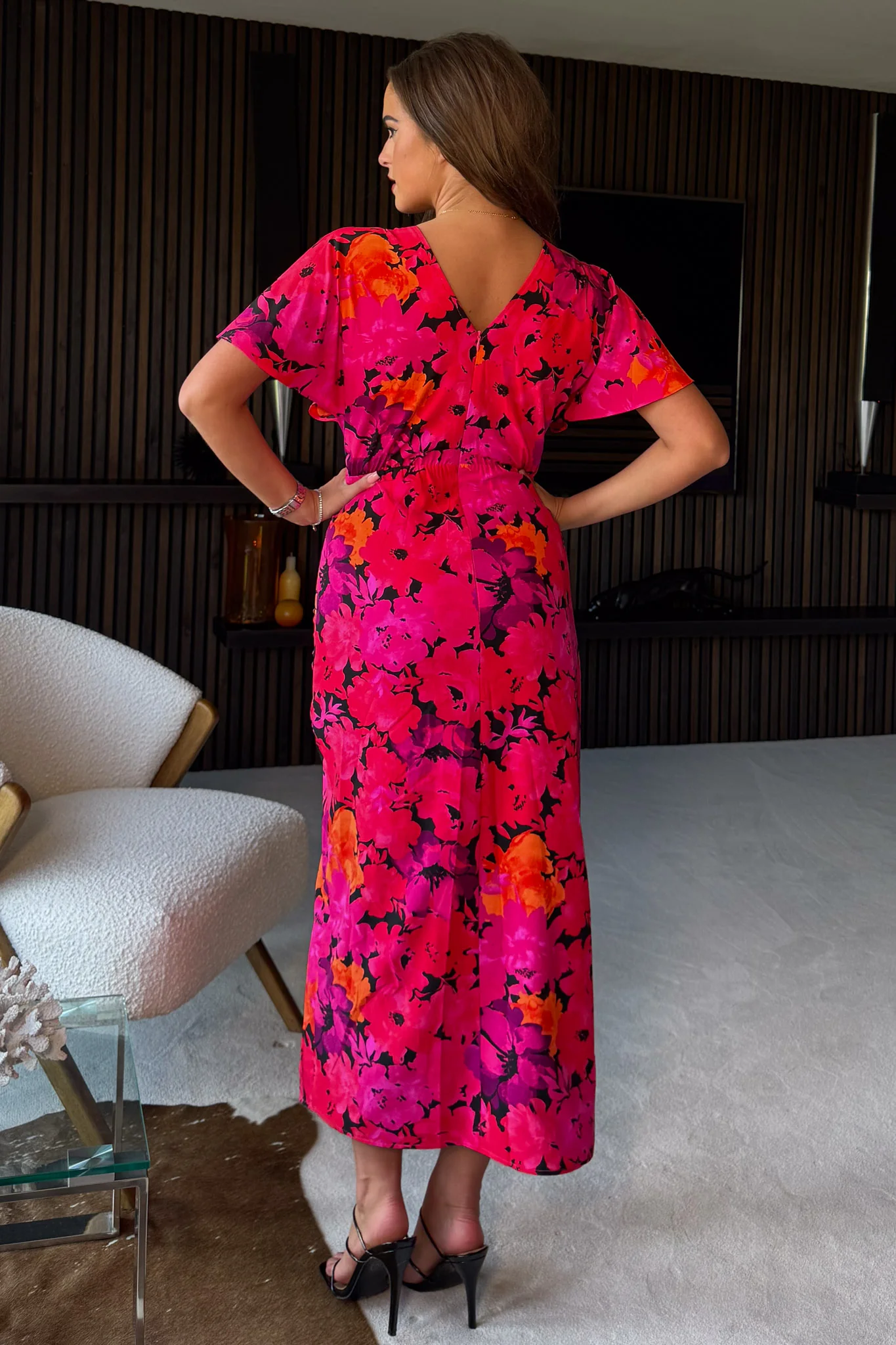 Priscilla Wrap Over Ruched Detail Midi Dress Pink Floral - Image 4