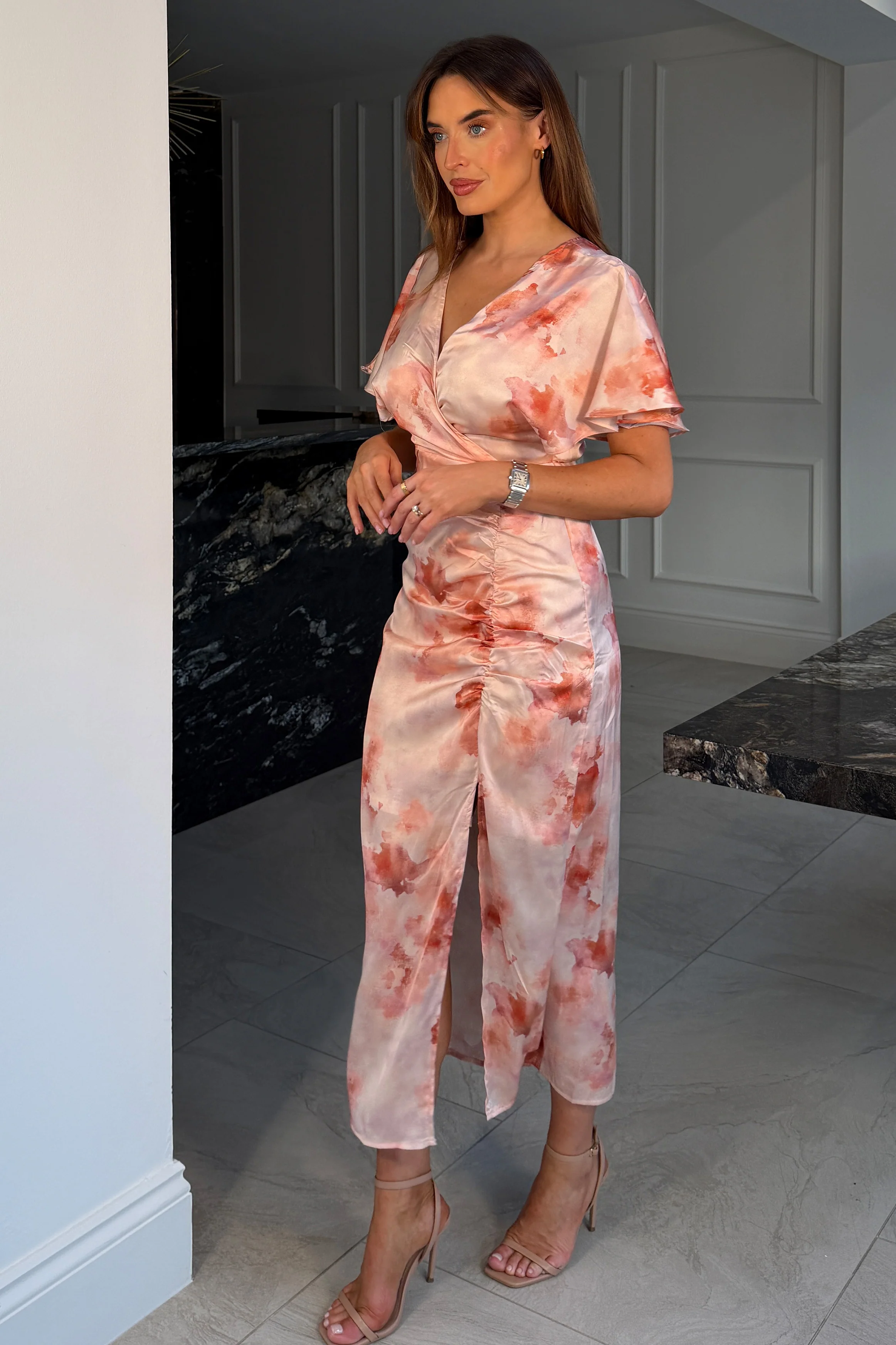 Priscilla Wrap Over Ruched Detail Midi Dress Pink Marble - Image 3
