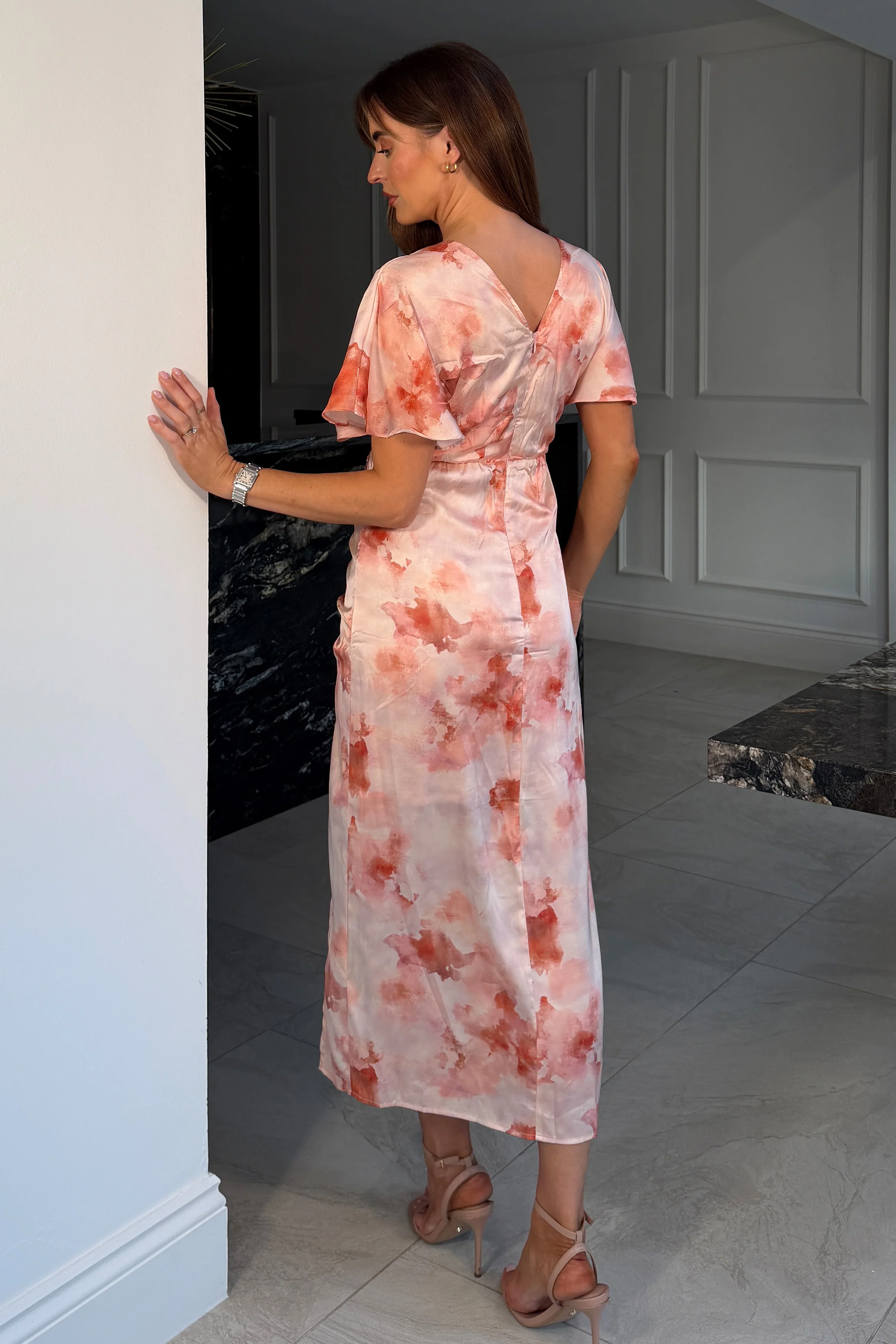 Priscilla Wrap Over Ruched Detail Midi Dress Pink Marble - Image 4