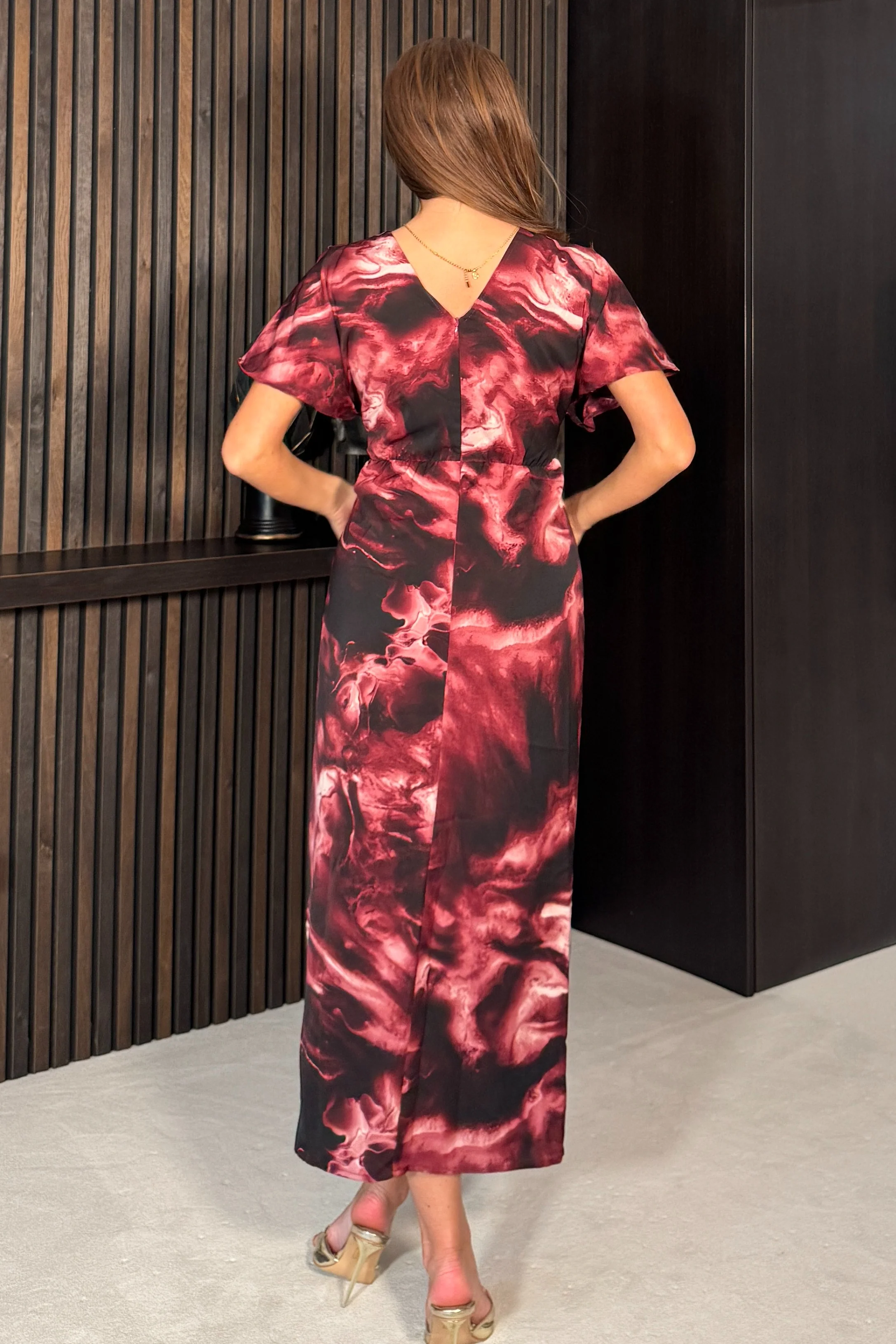 Priscilla Wrap Over Ruched Detail Midi Dress Wine Marble - Image 4