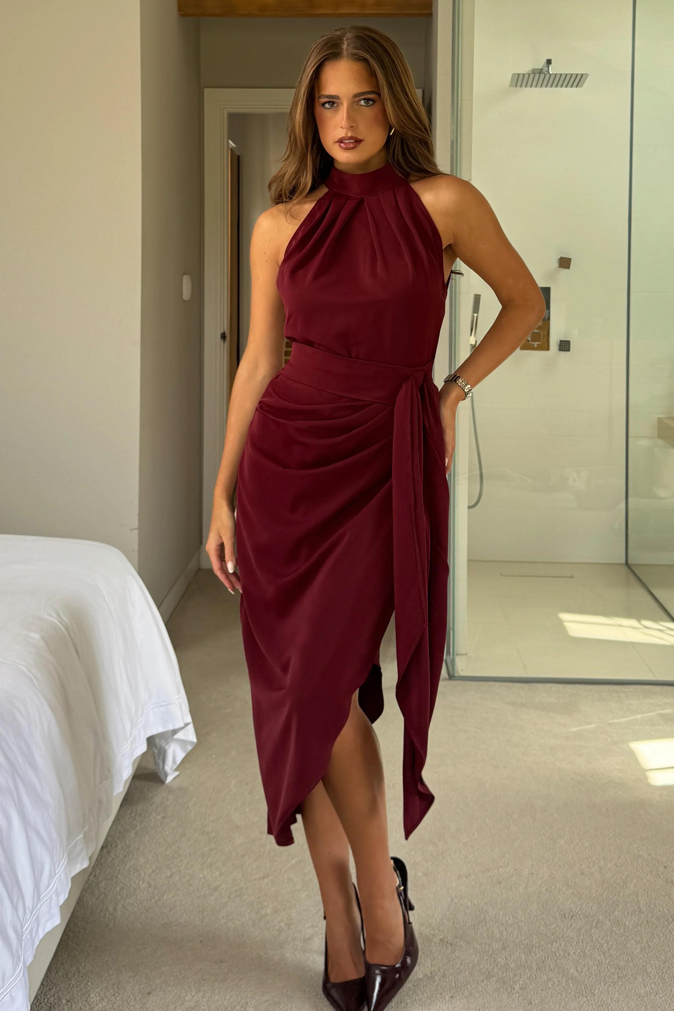 Priya Tie Waist Halter Neck Midi Dress Berry - Image 3