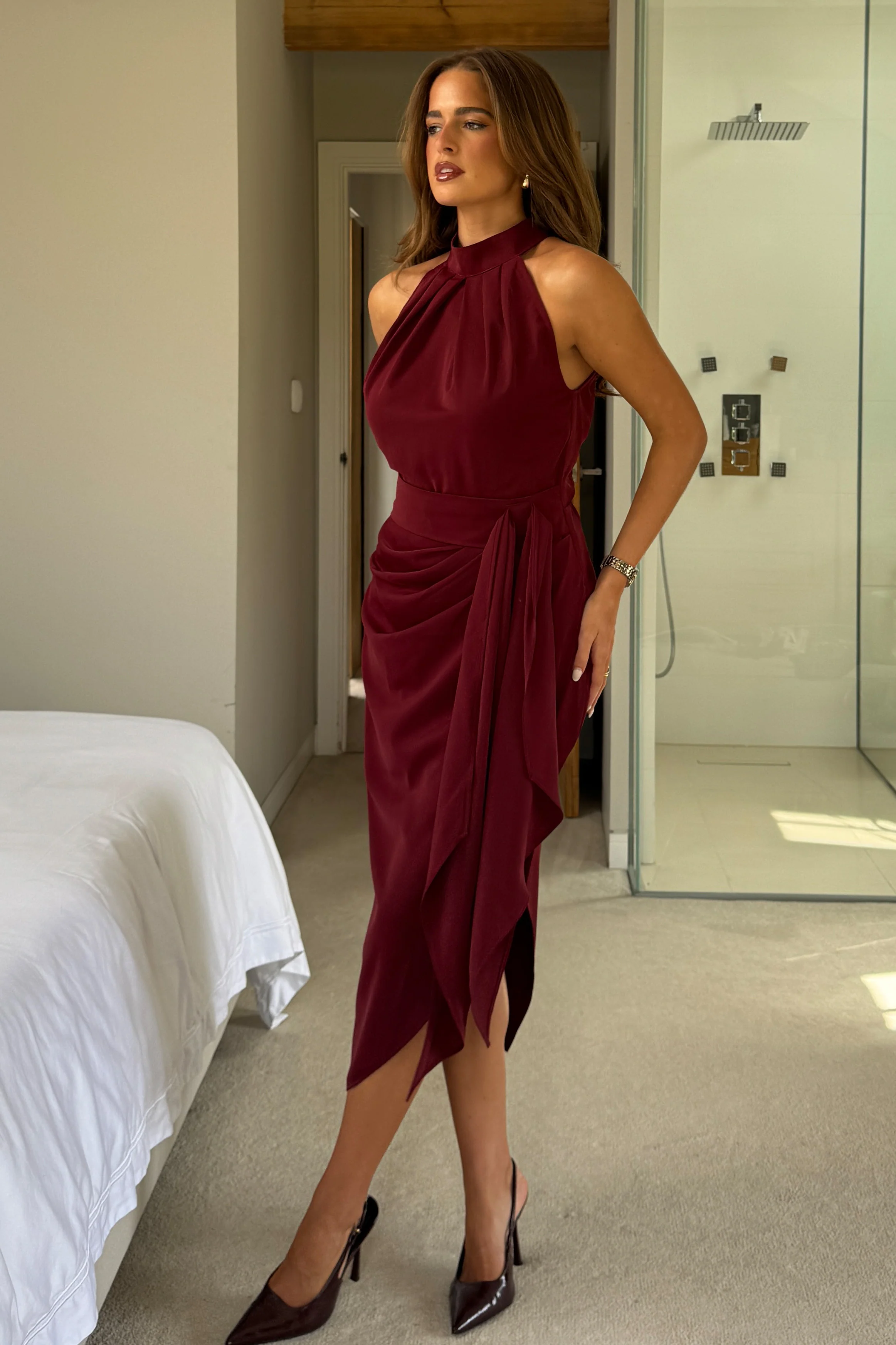 Priya Tie Waist Halter Neck Midi Dress Berry - Image 4