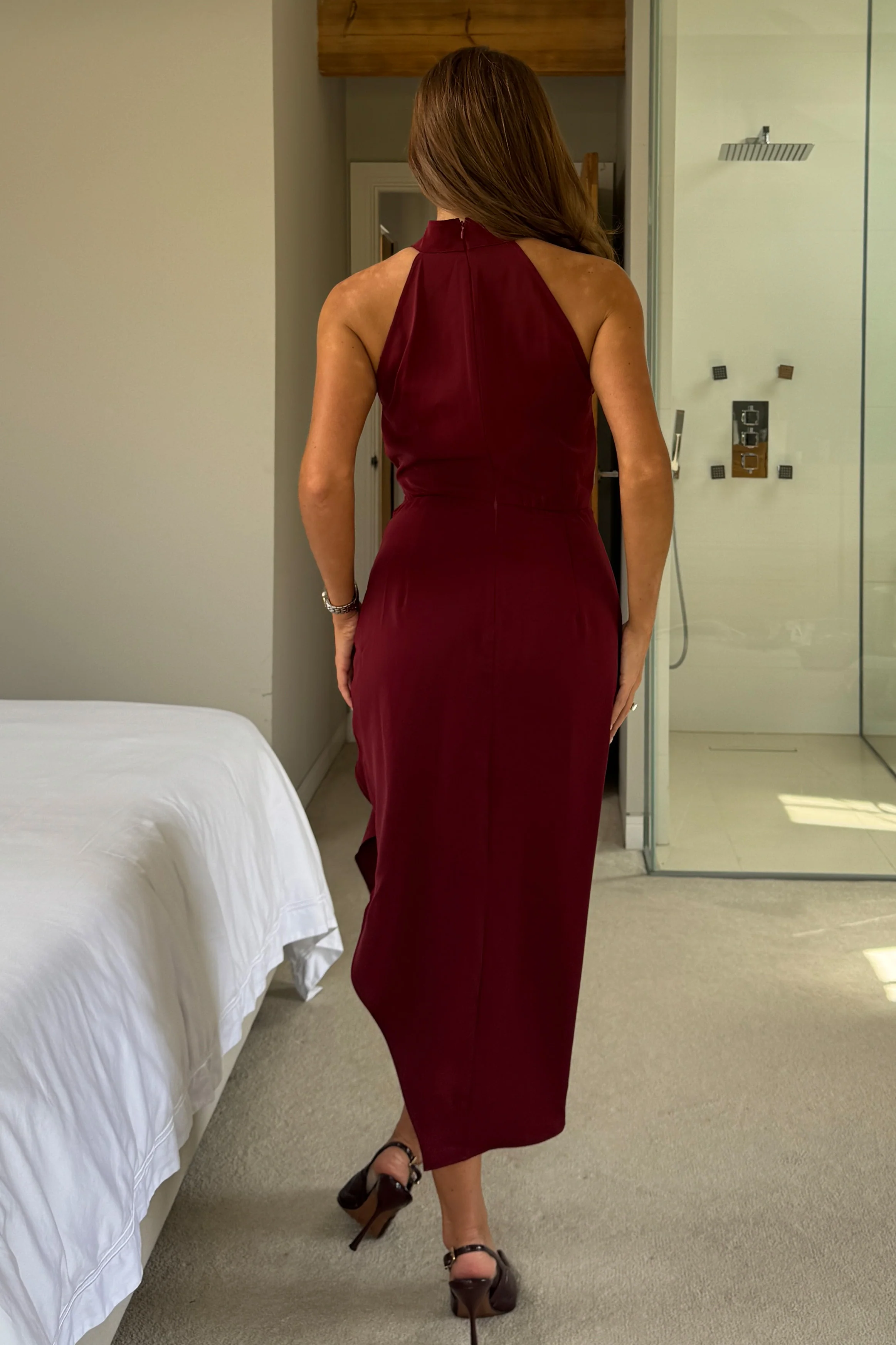 Priya Tie Waist Halter Neck Midi Dress Berry - Image 5