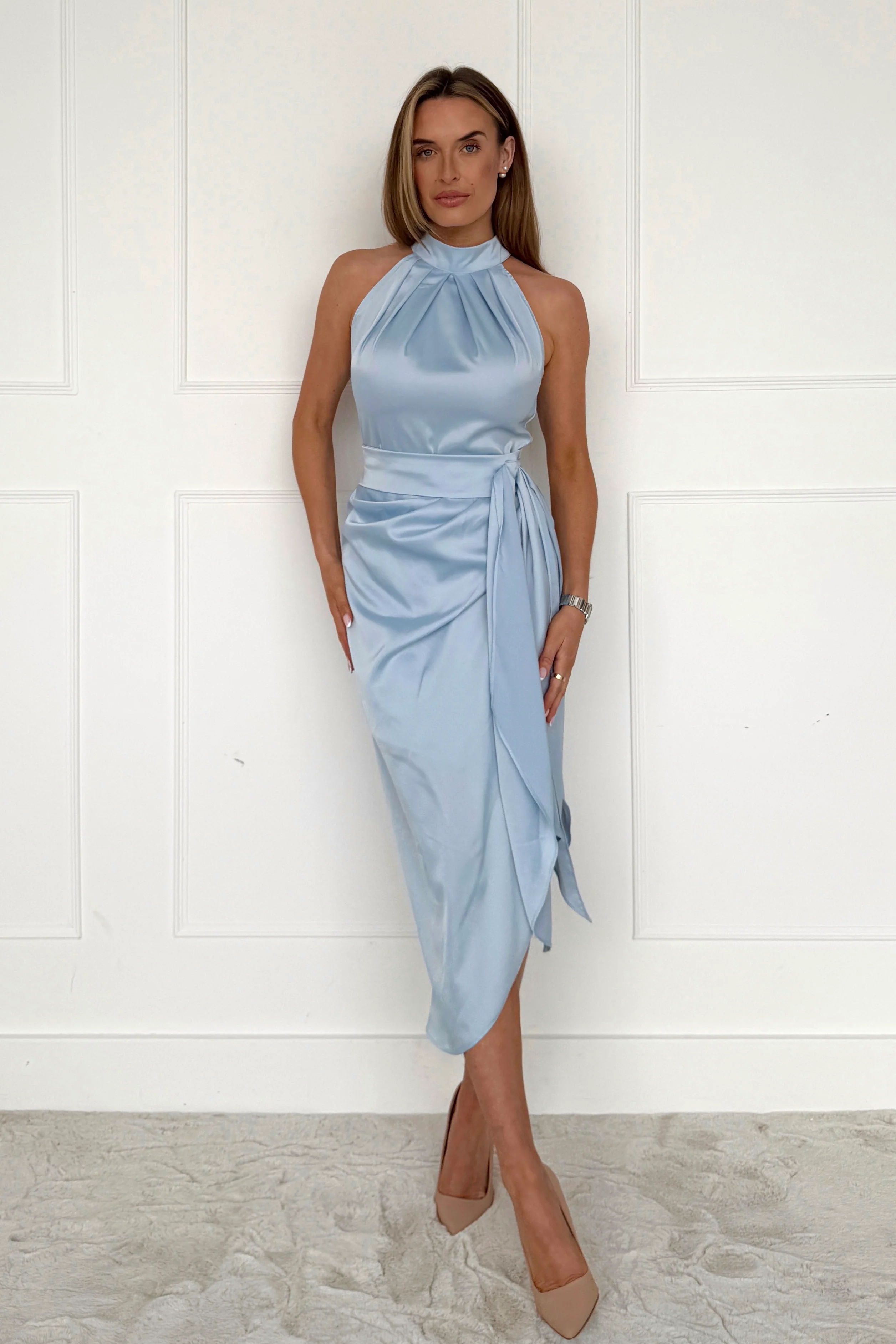 Priya Tie Waist Halter Neck Midi Dress Blue - Image 2
