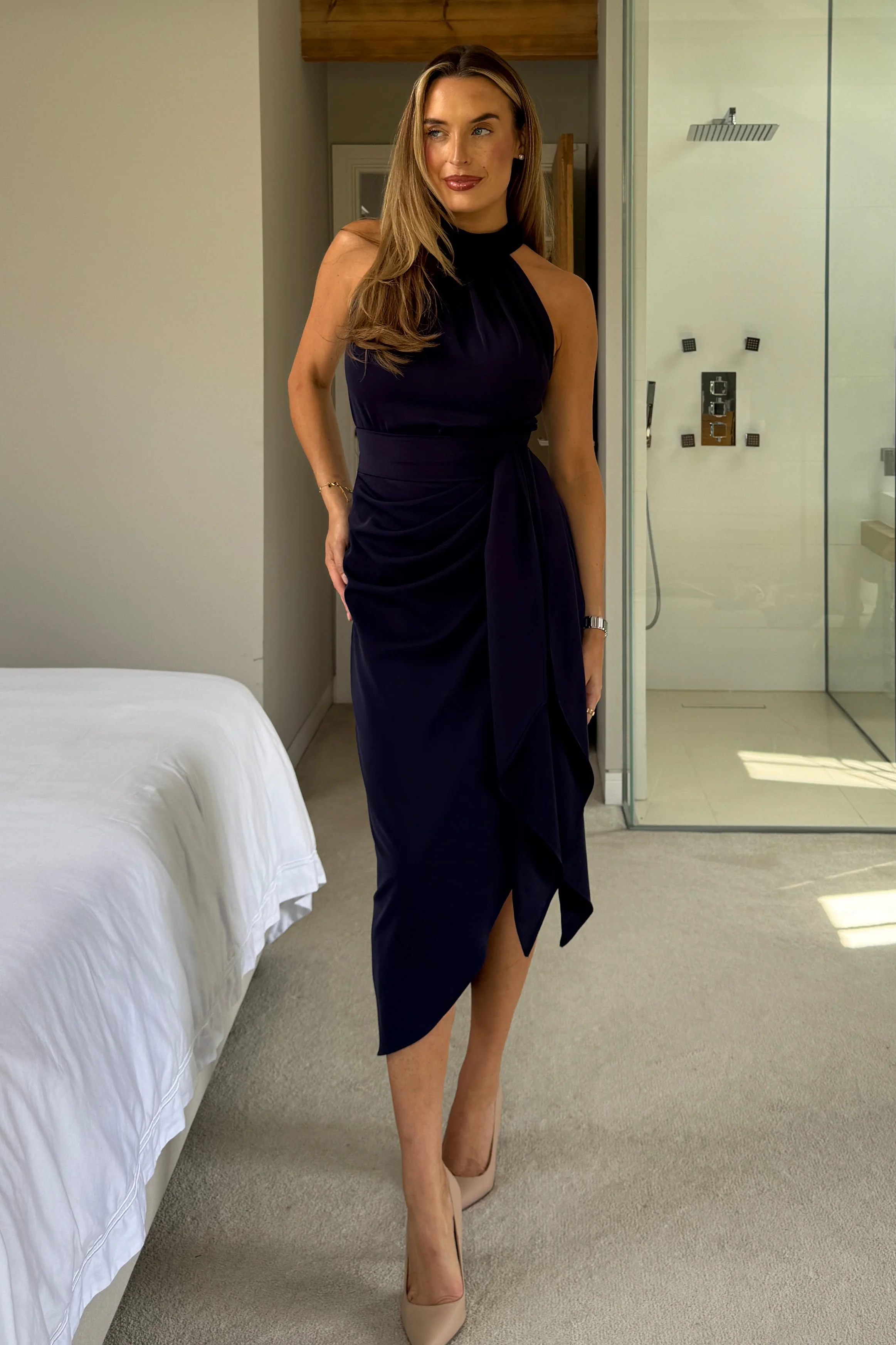 Priya Tie Waist Halter Neck Midi Dress Navy - Image 3