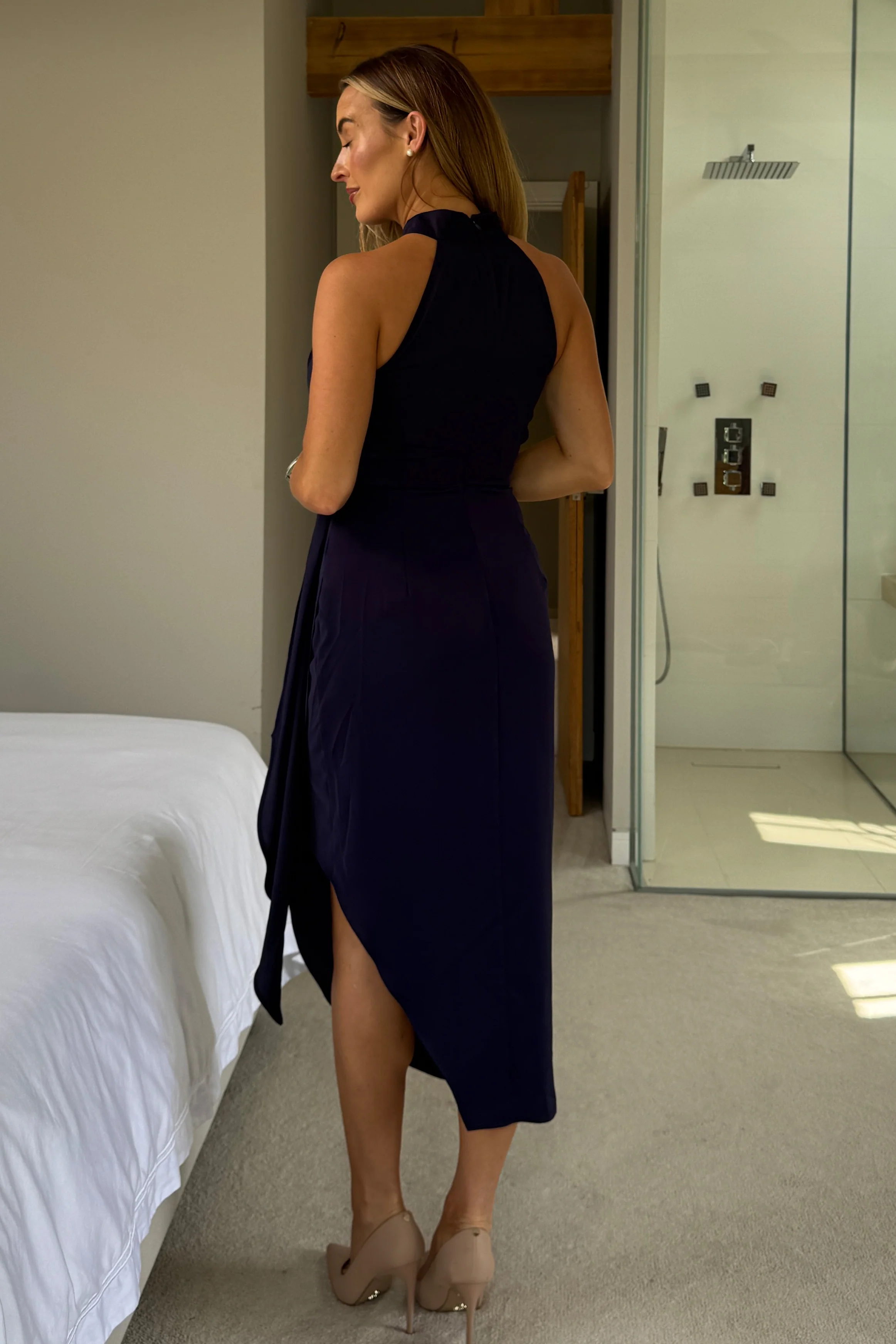 Priya Tie Waist Halter Neck Midi Dress Navy - Image 5