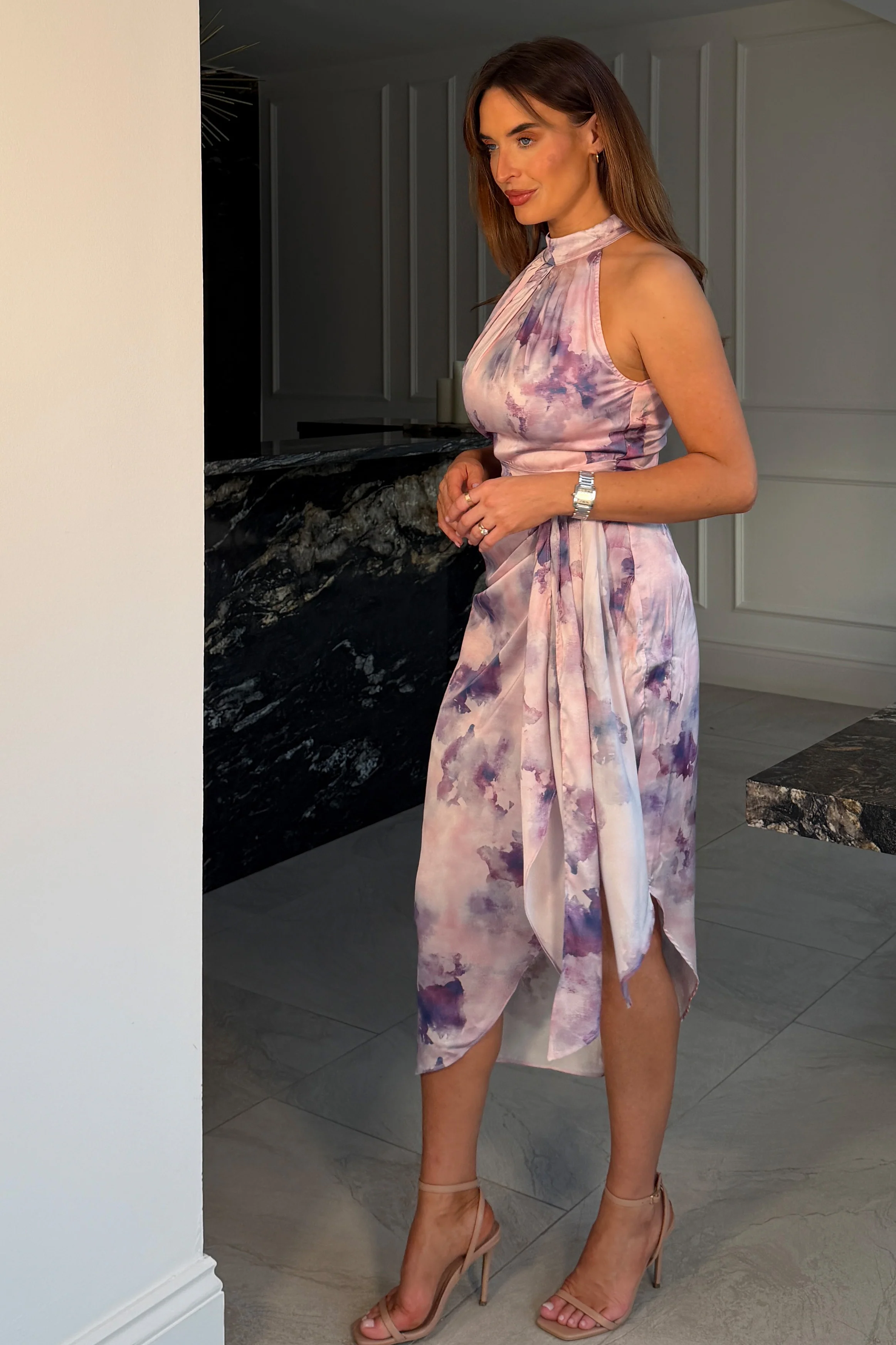 Priya Tie Waist Halter Neck Midi Dress Purple Marble - Image 3