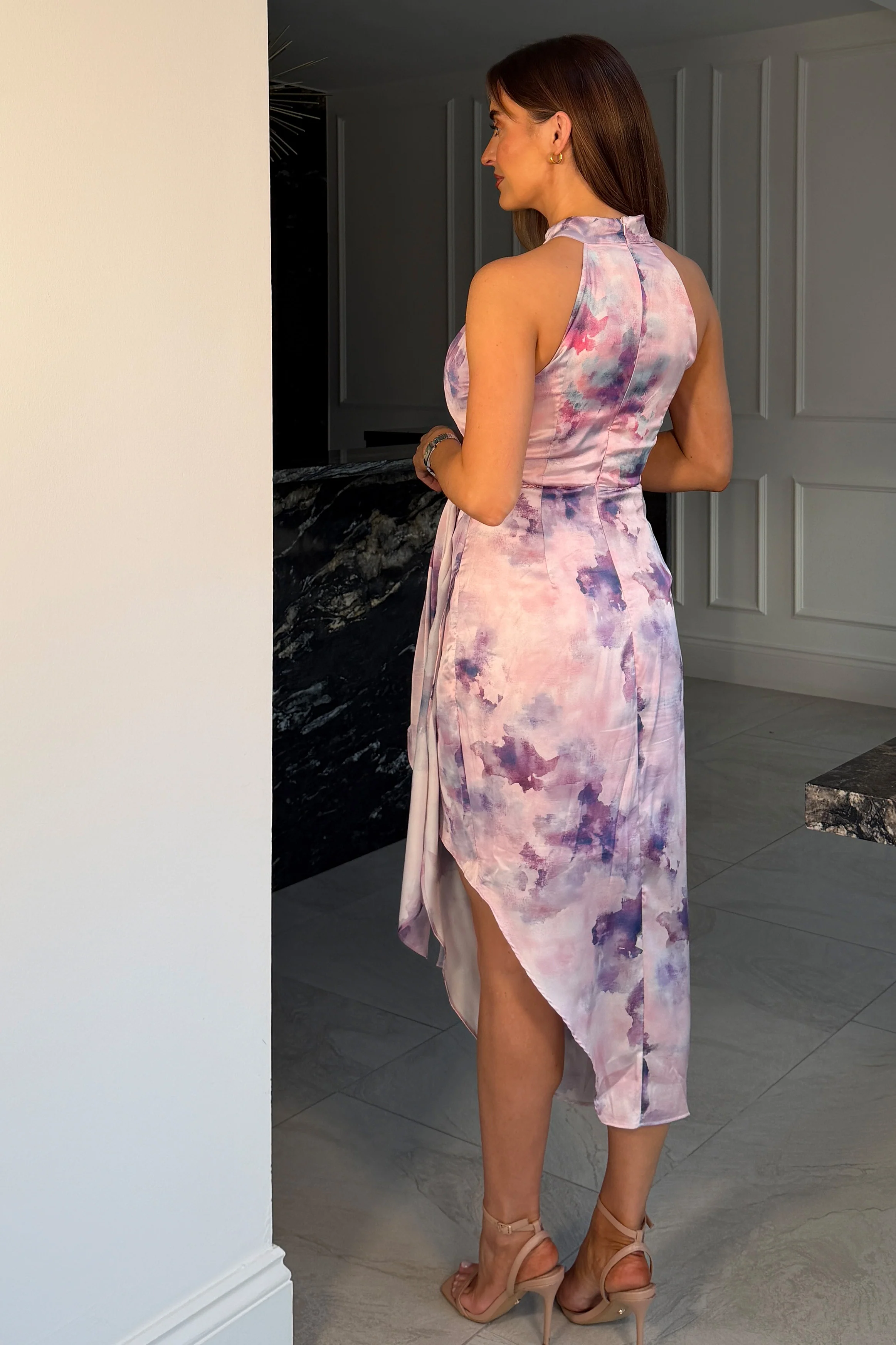 Priya Tie Waist Halter Neck Midi Dress Purple Marble - Image 4