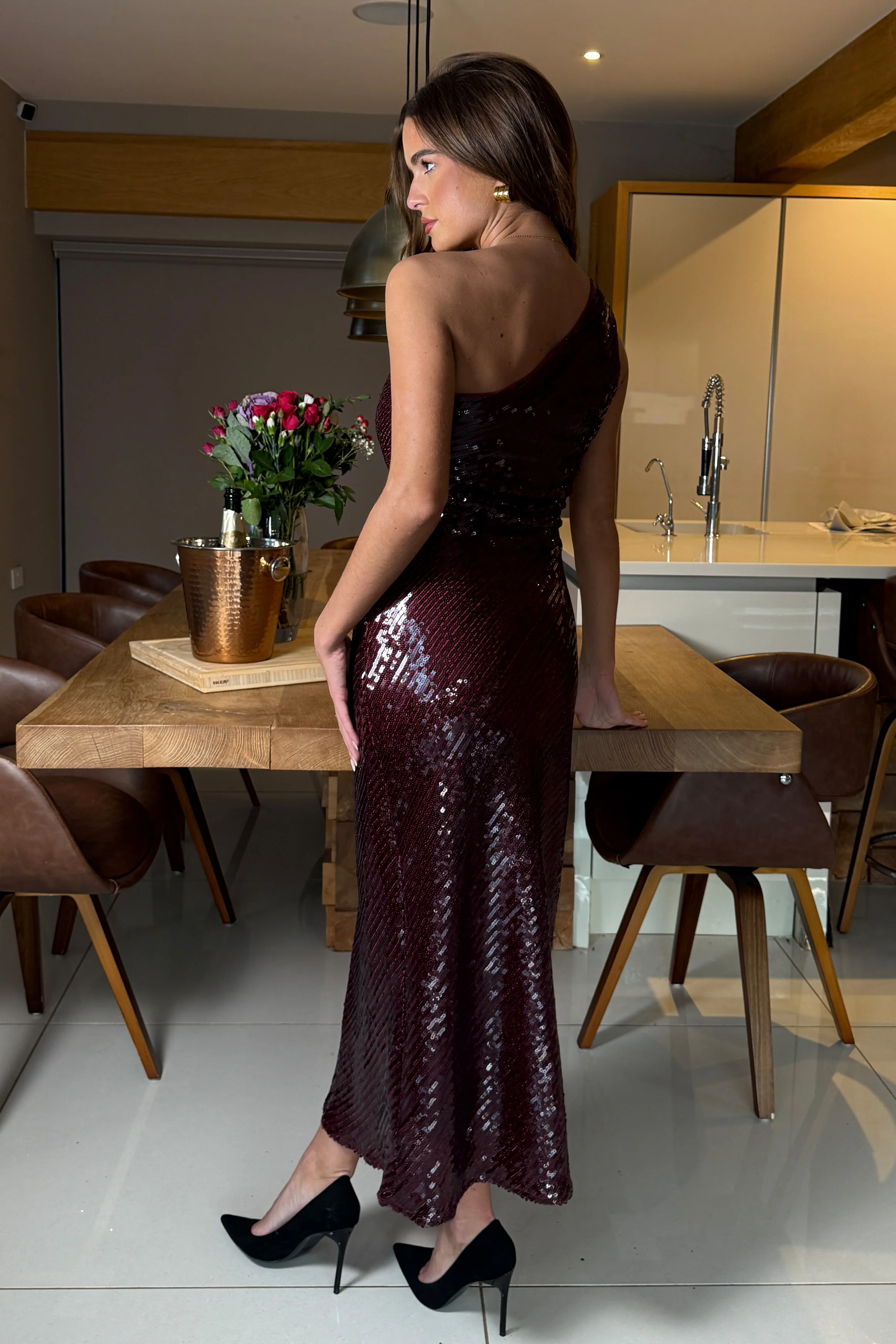 Ramona Wine Sequin One Shoulder Maxi Dress - Image 4