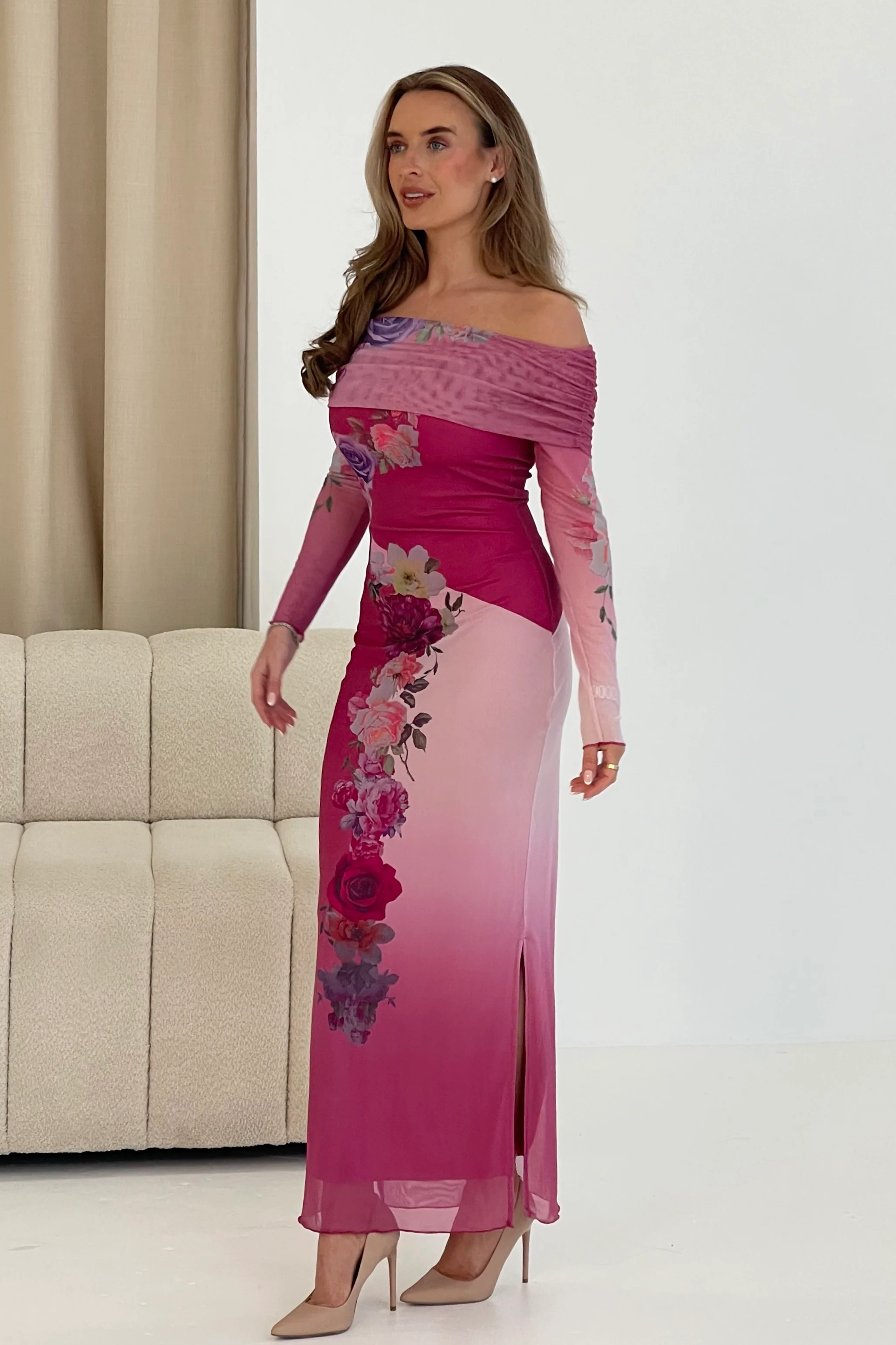 Reine Off The Shoulder Pink Floral Maxi Dress - Image 3
