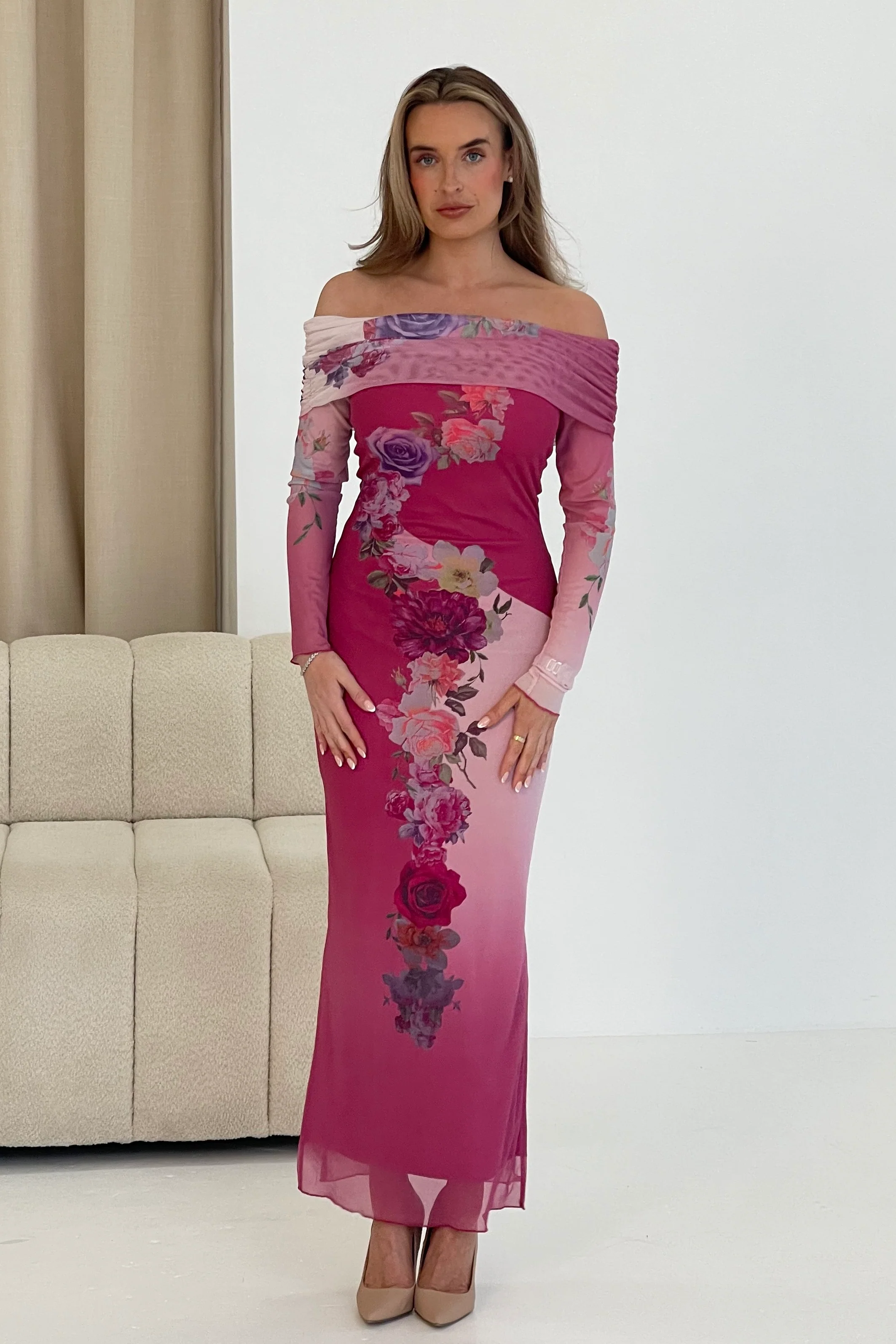 Reine Off The Shoulder Pink Floral Maxi Dress - Image 5