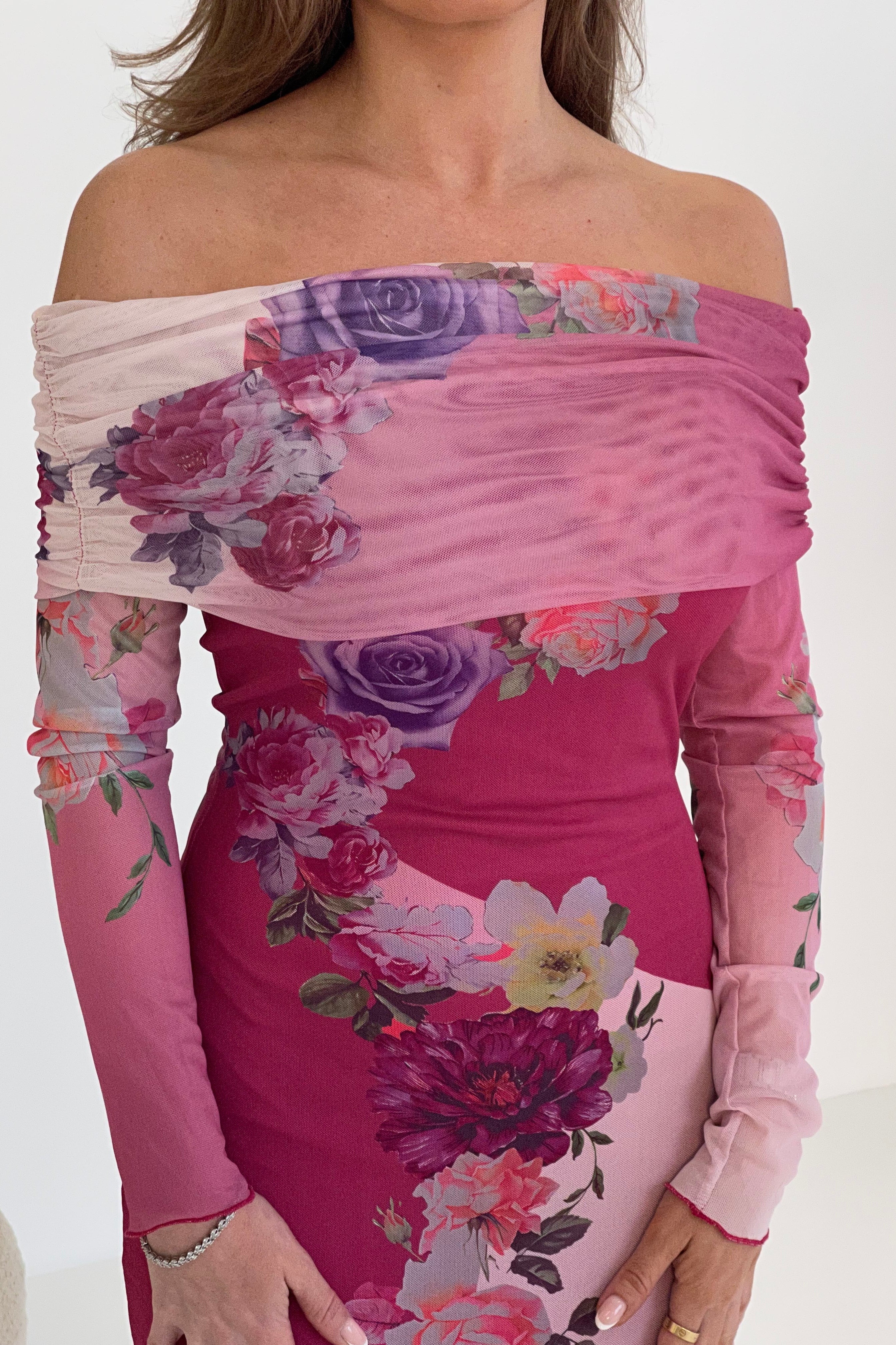 Reine Off The Shoulder Pink Floral Maxi Dress - Image 6
