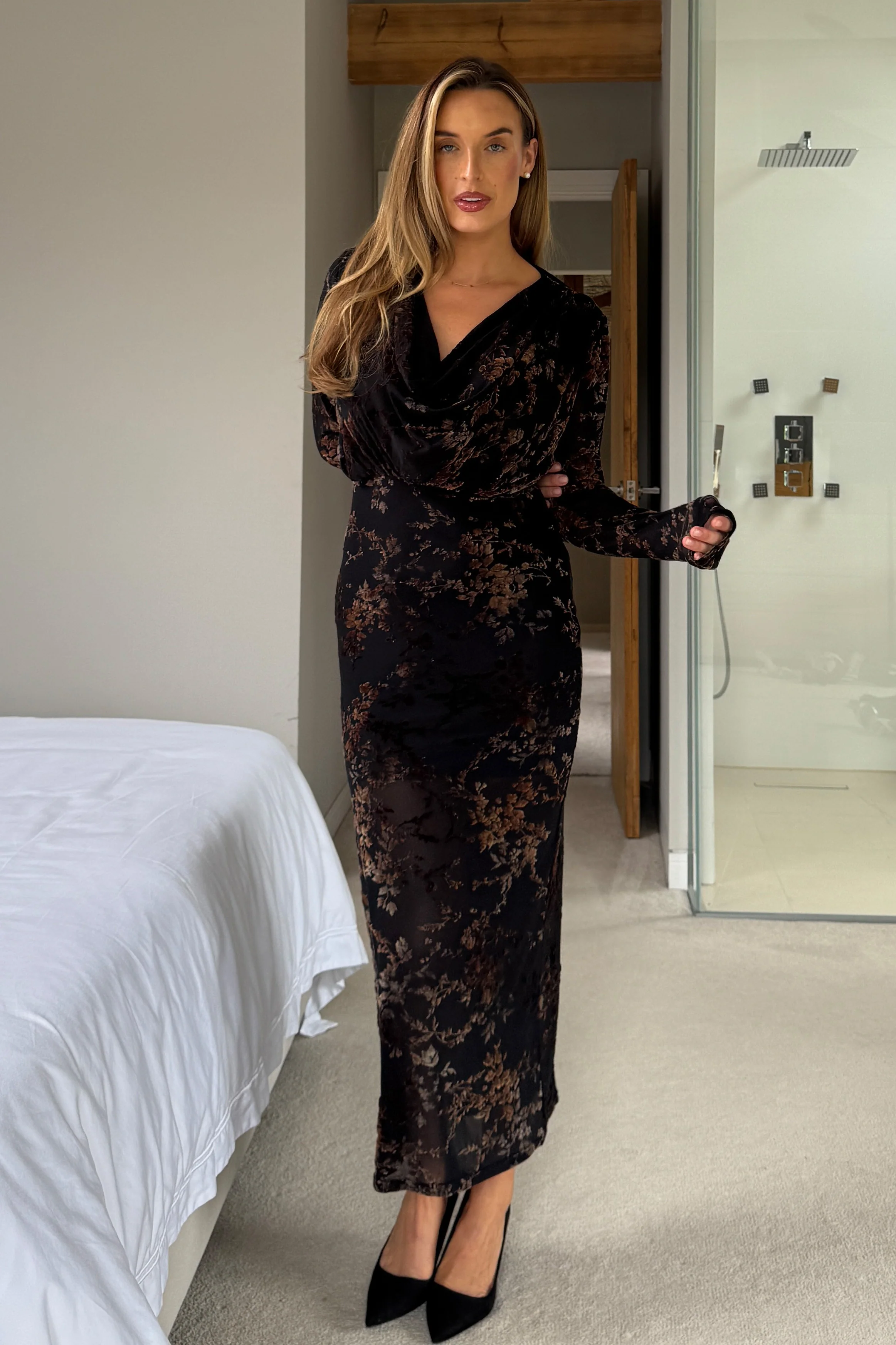 Remington Flocked Floral Cowl Neck Midi Dress Black - Image 3