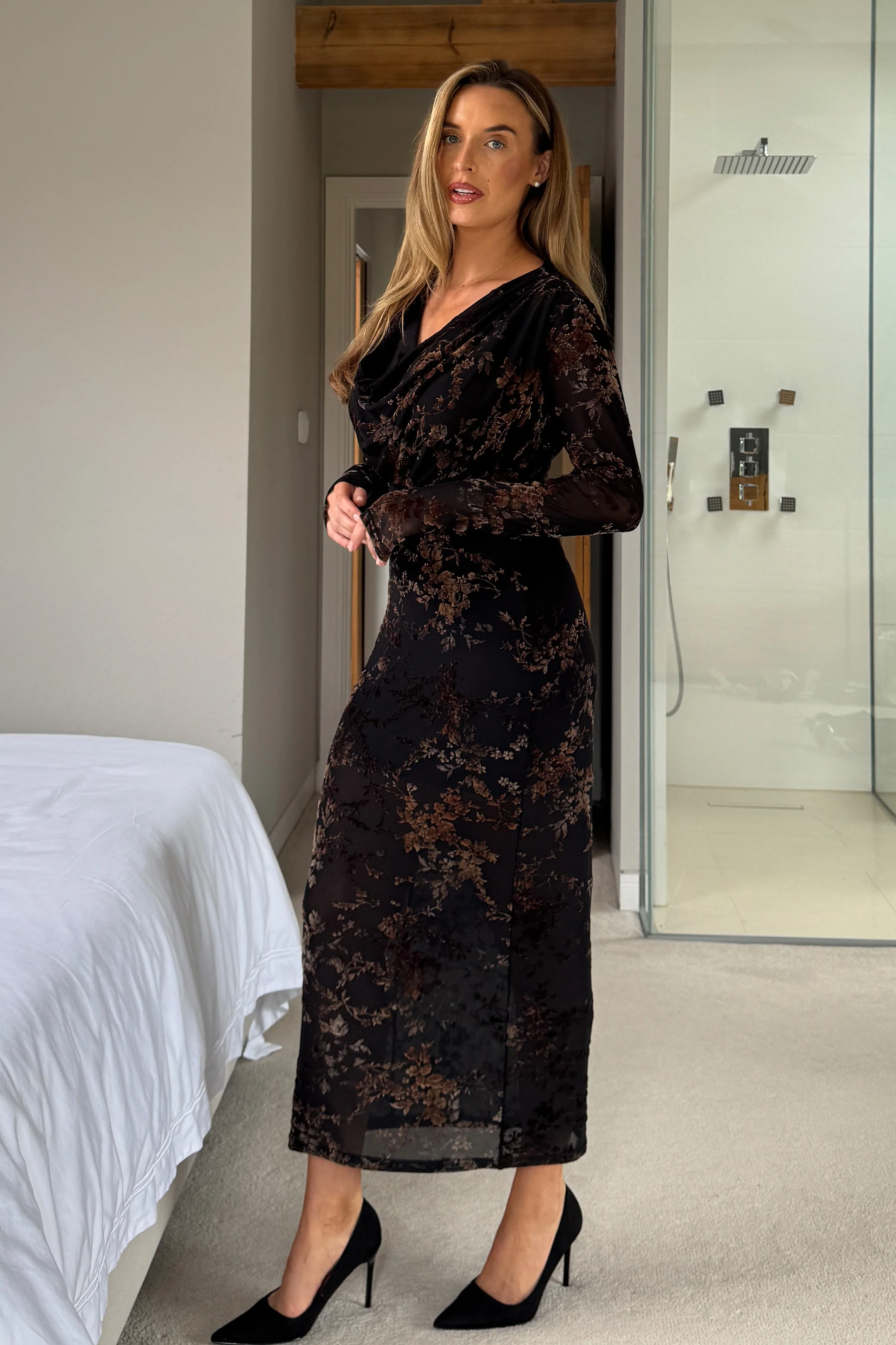 Remington Flocked Floral Cowl Neck Midi Dress Black - Image 4