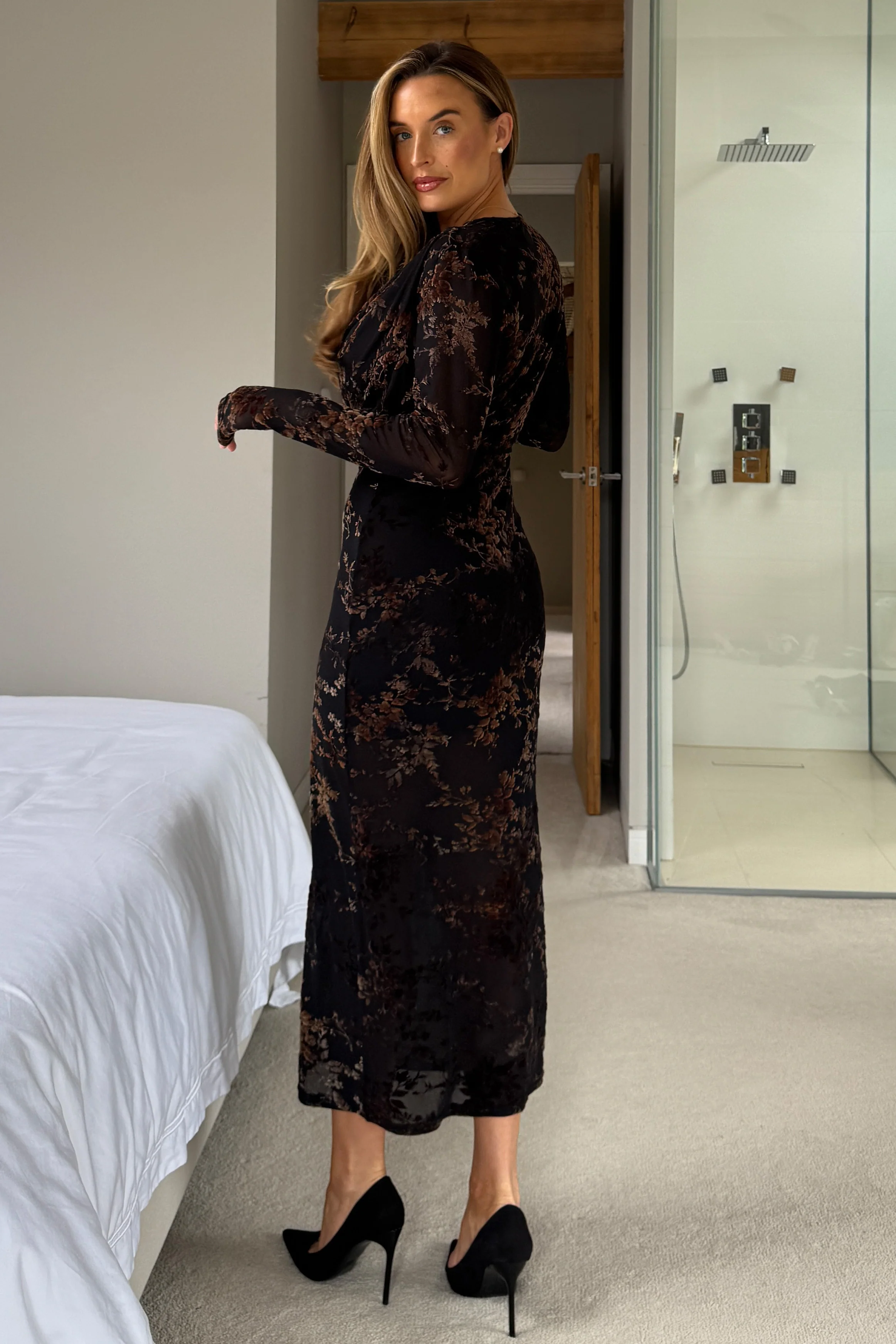 Remington Flocked Floral Cowl Neck Midi Dress Black - Image 5