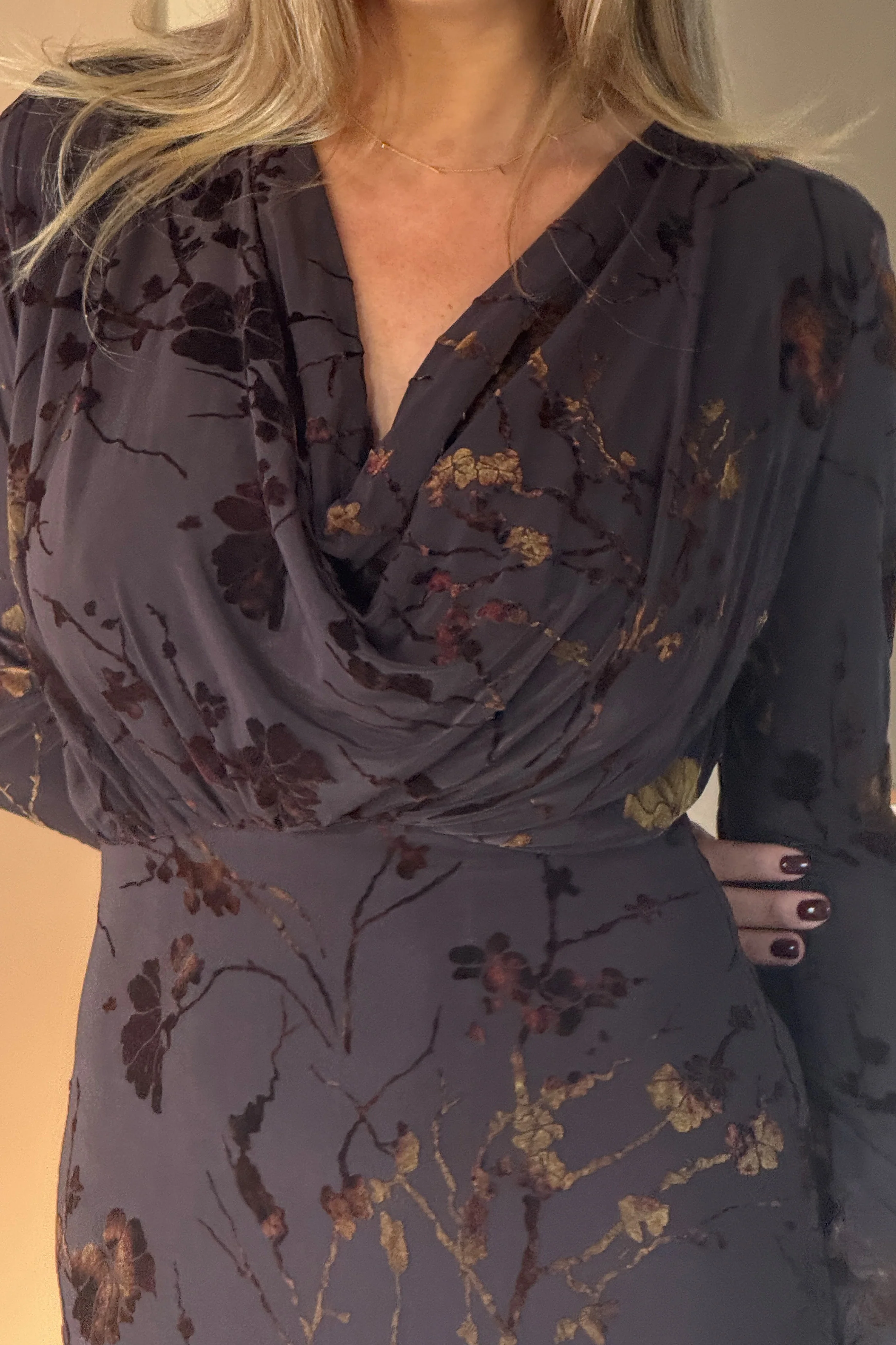 Remington Flocked Floral Cowl Neck Midi Dress Brown - Image 2