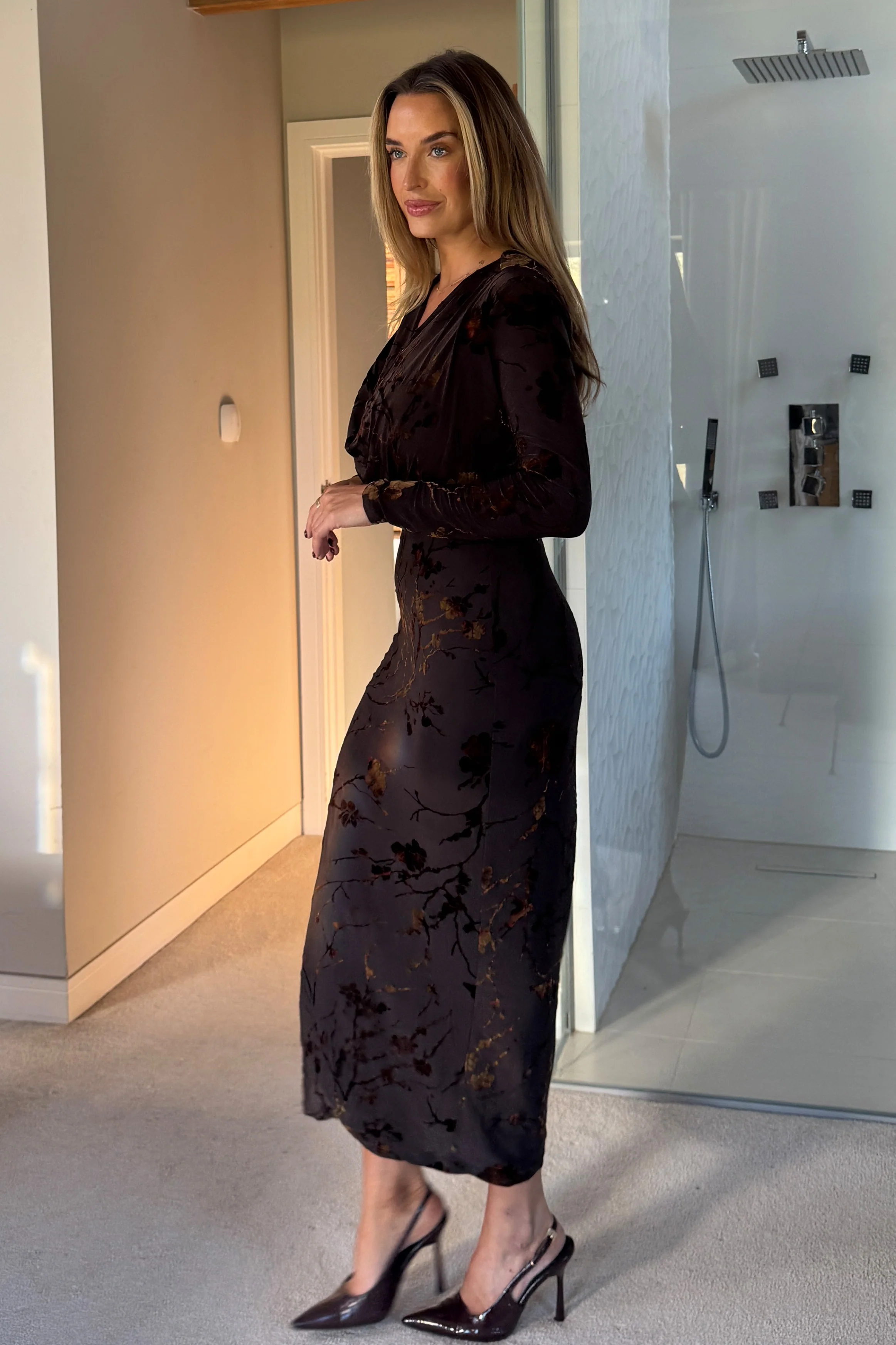 Remington Flocked Floral Cowl Neck Midi Dress Brown - Image 5