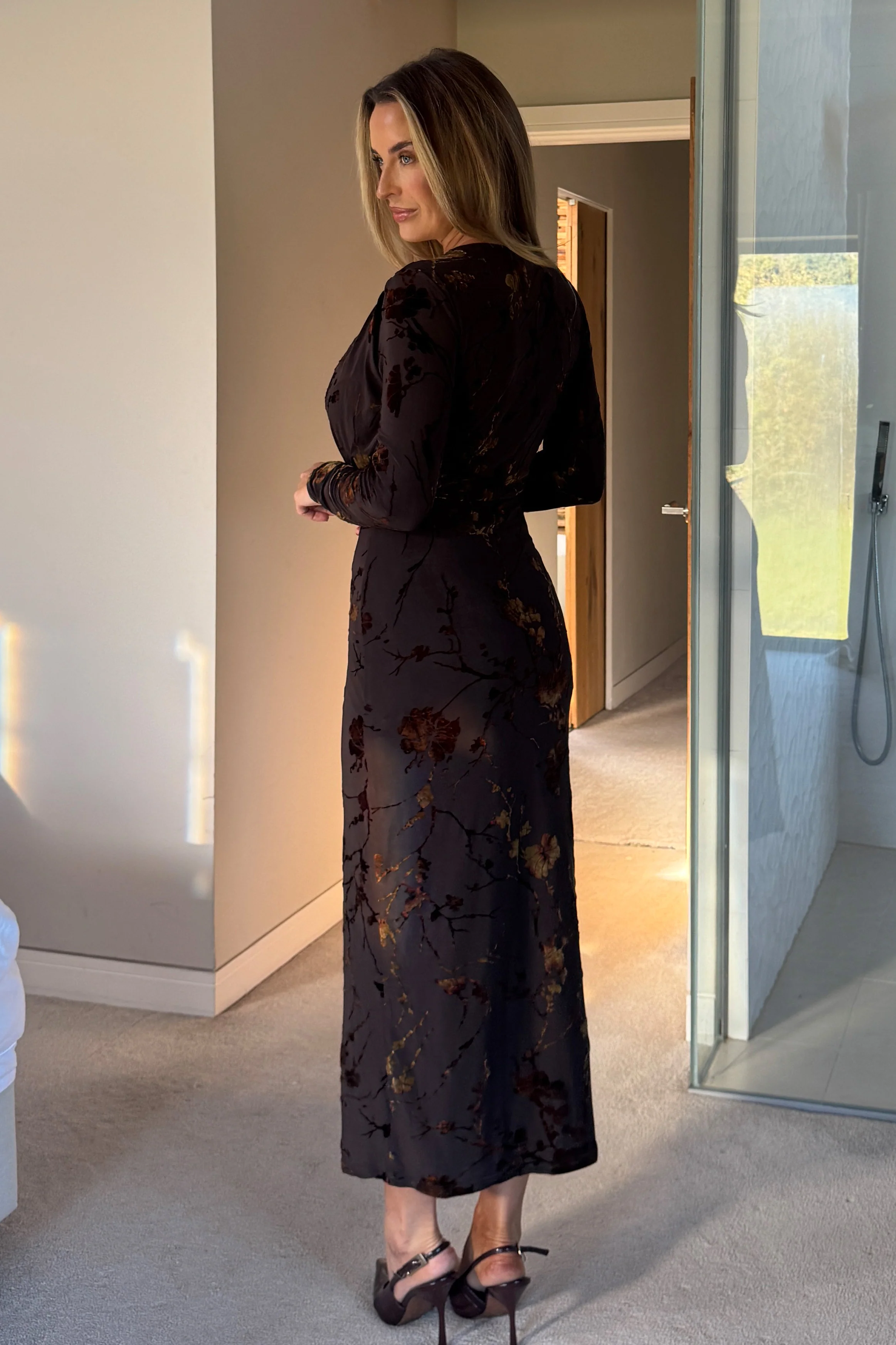 Remington Flocked Floral Cowl Neck Midi Dress Brown - Image 6