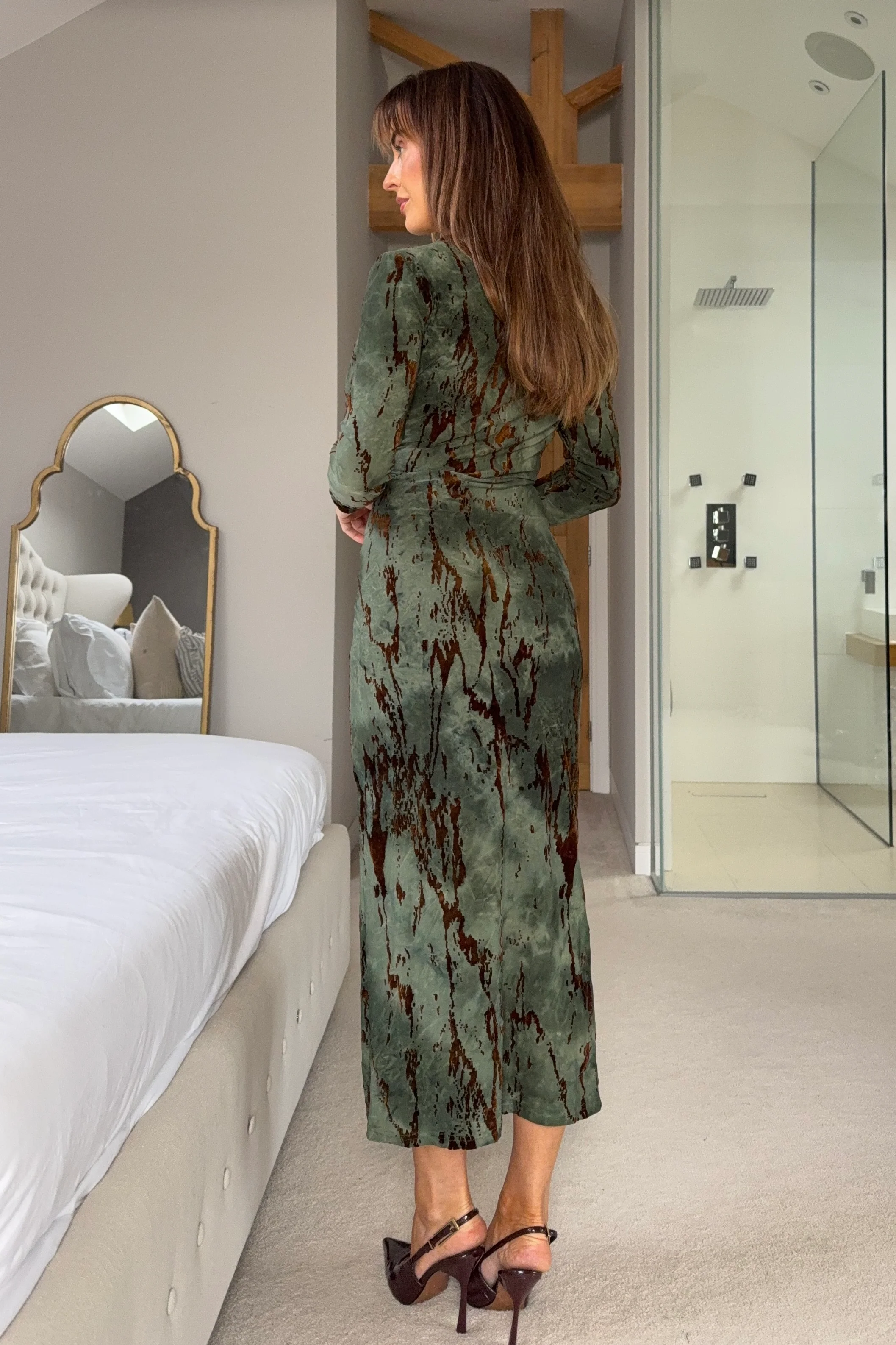 Remington Khaki Textured Marble Cowl Neck Midi Dress - Image 4