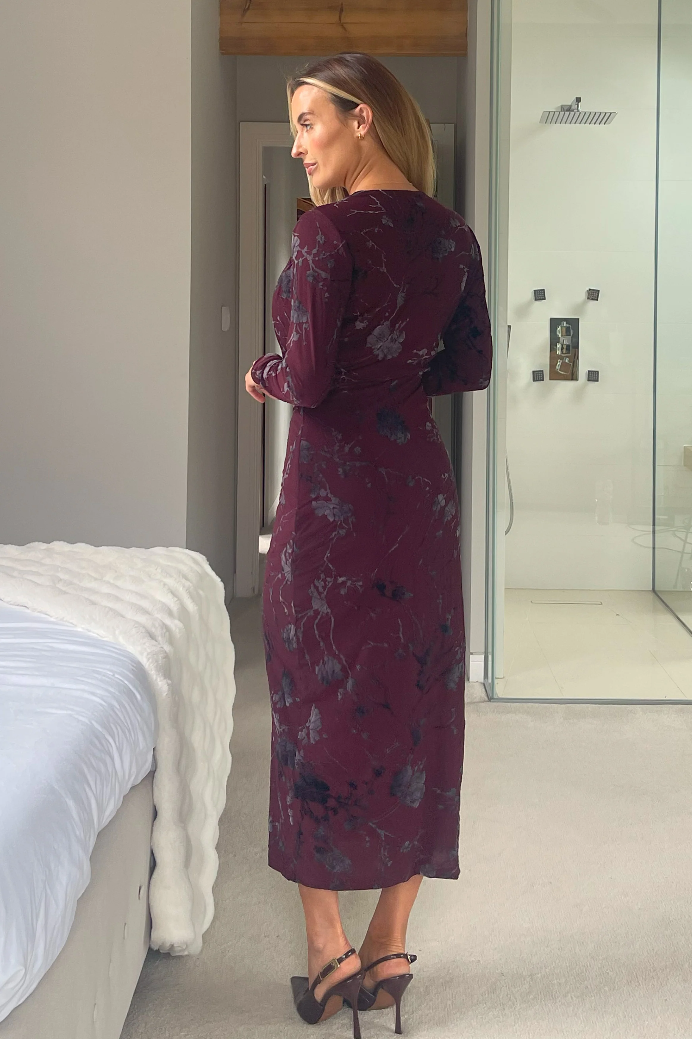 Remington Flocked Floral Cowl Neck Midi Dress Plum - Image 4