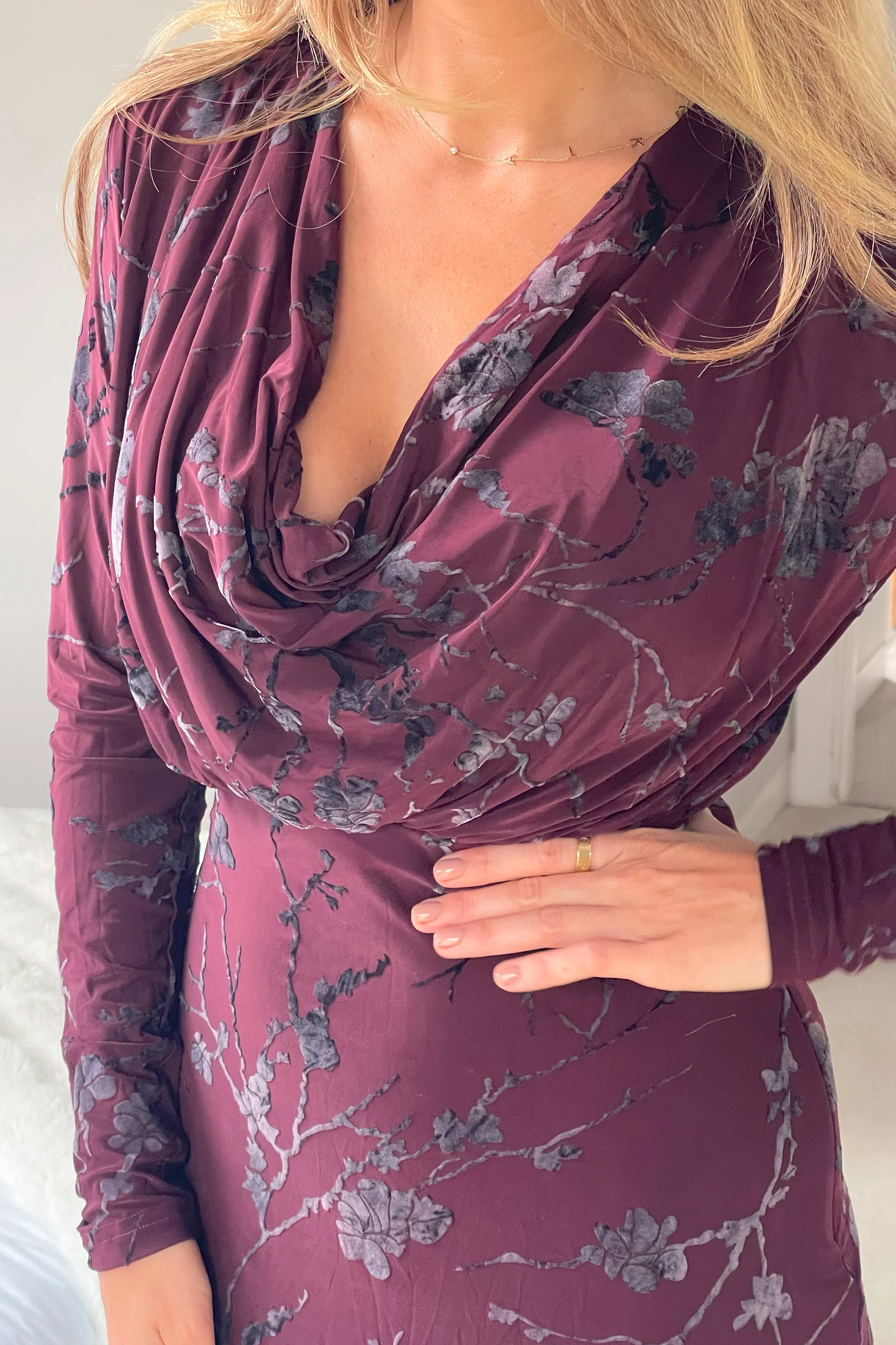 Remington Flocked Floral Cowl Neck Midi Dress Plum - Image 5