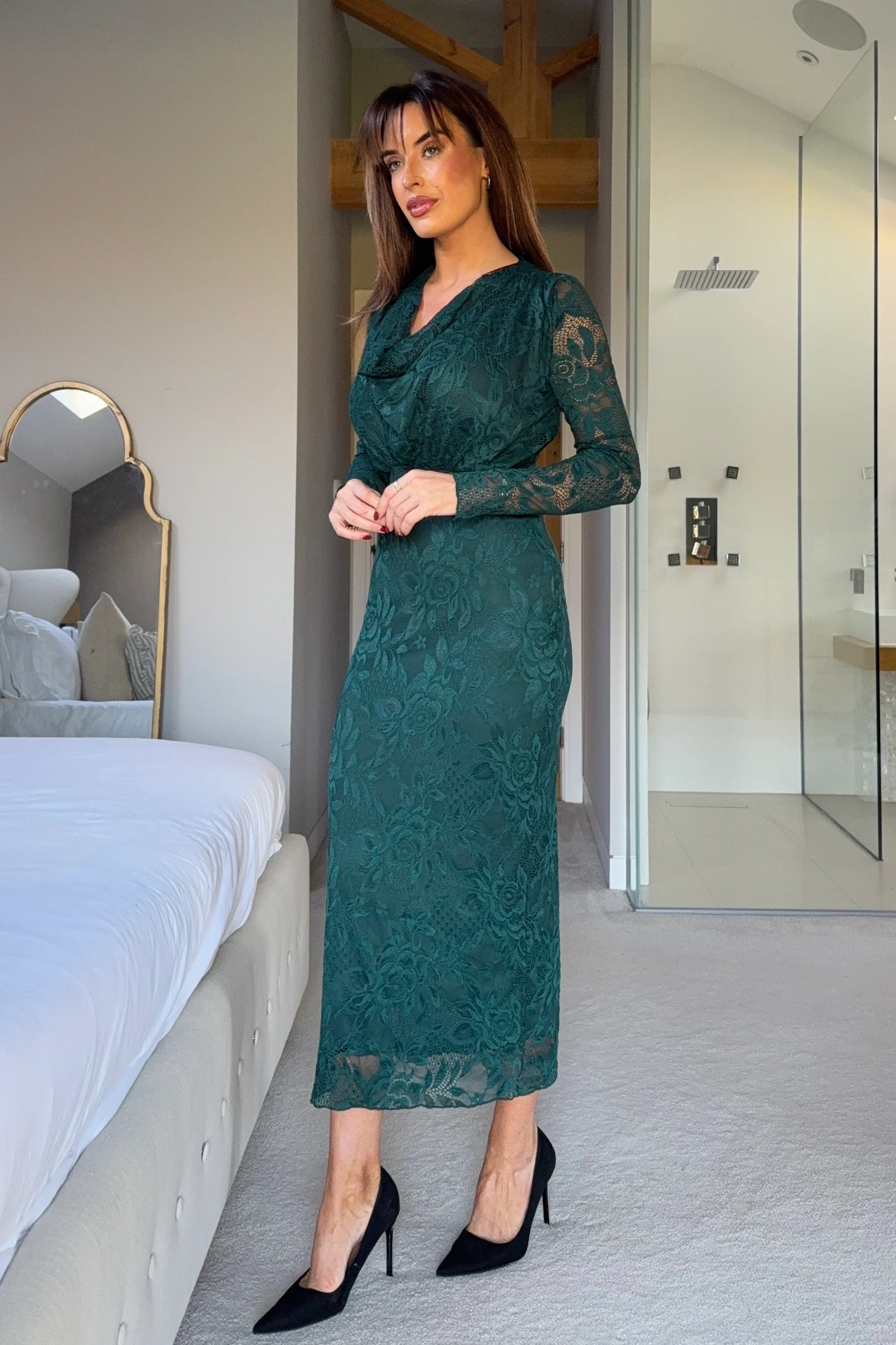 Remington Lace Cowl Neck Midi Dress Green - Image 3