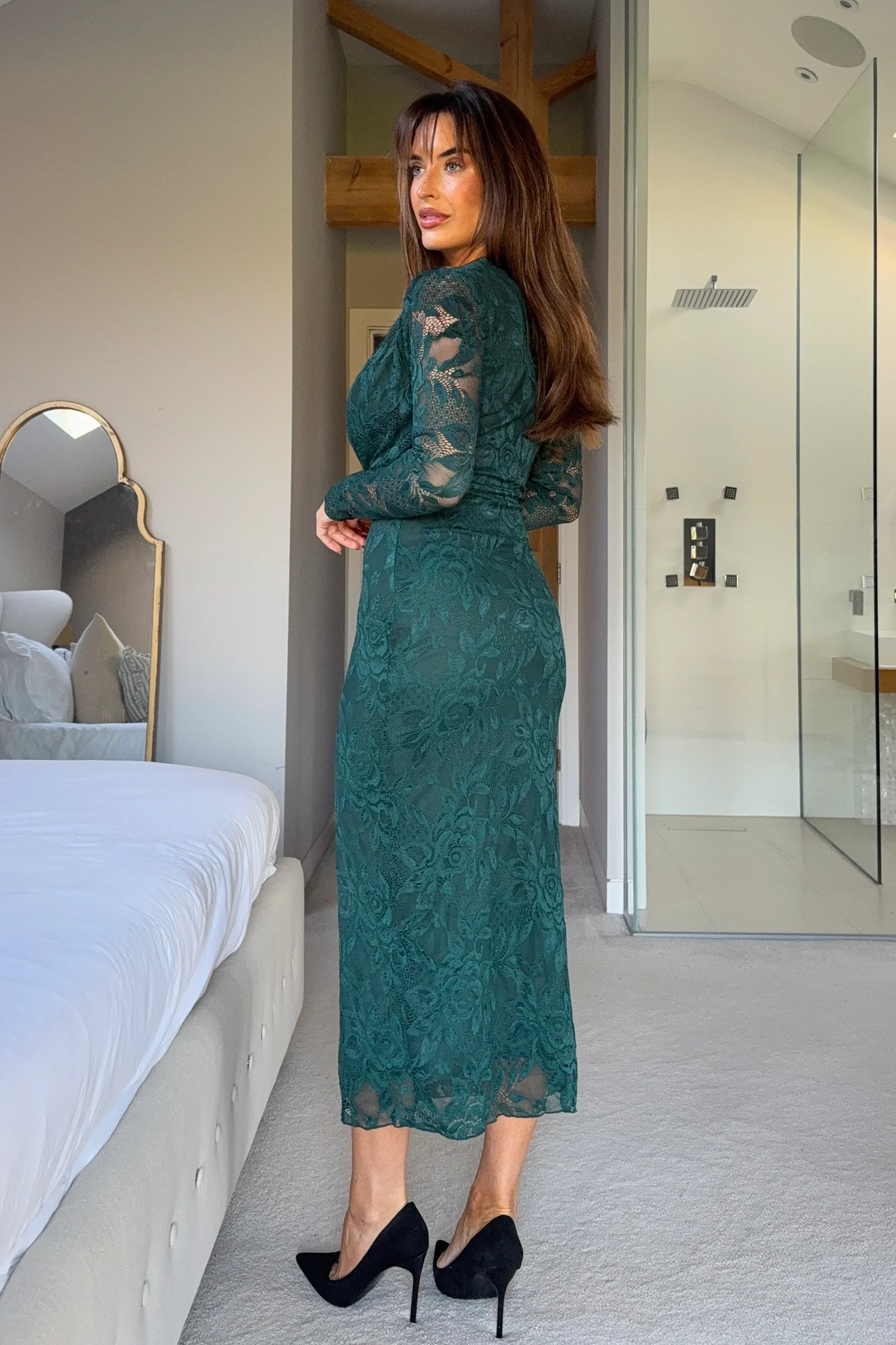 Remington Lace Cowl Neck Midi Dress Green - Image 4