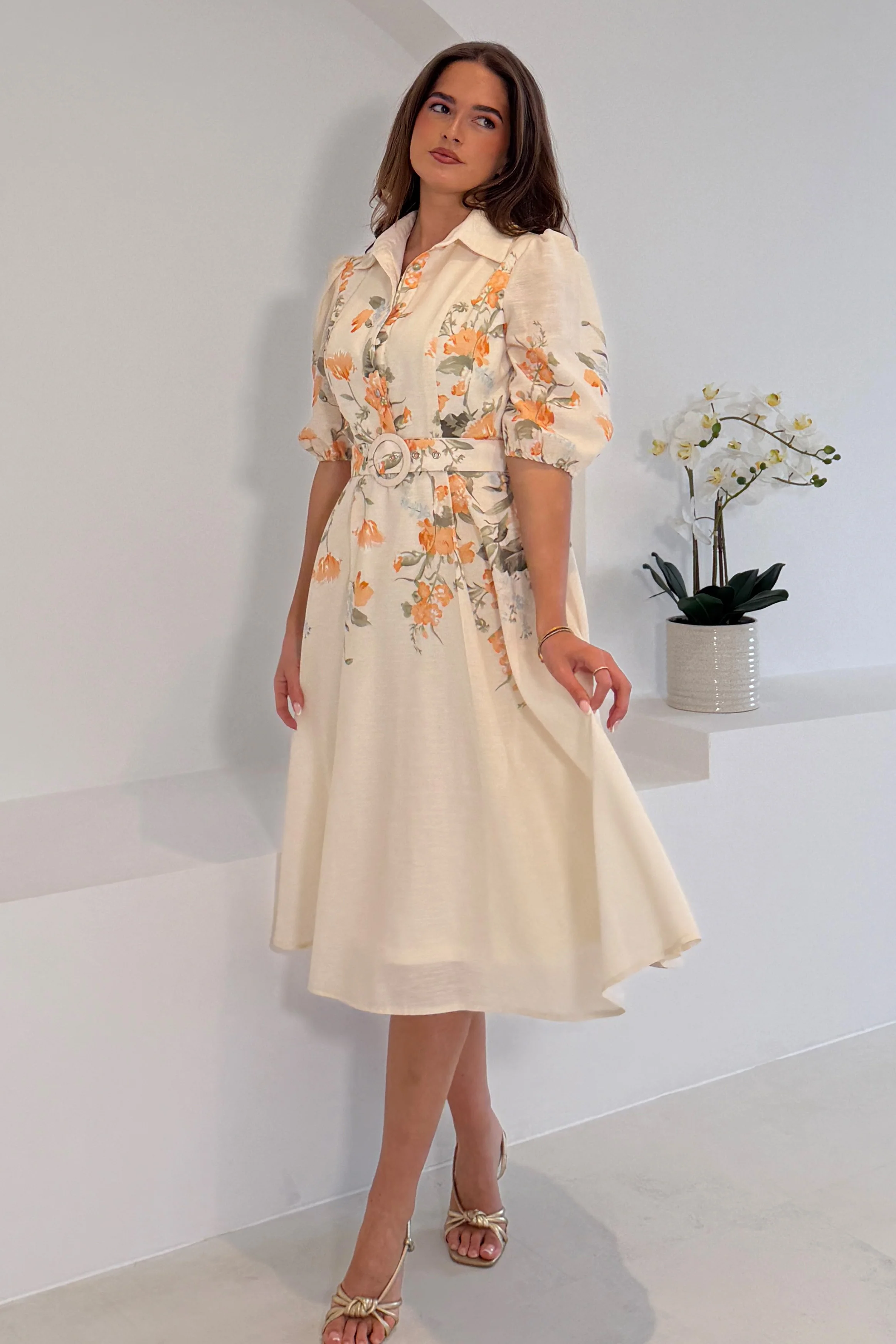 Renata Floral Boarder Print Print Midi Dress Cream - Image 3