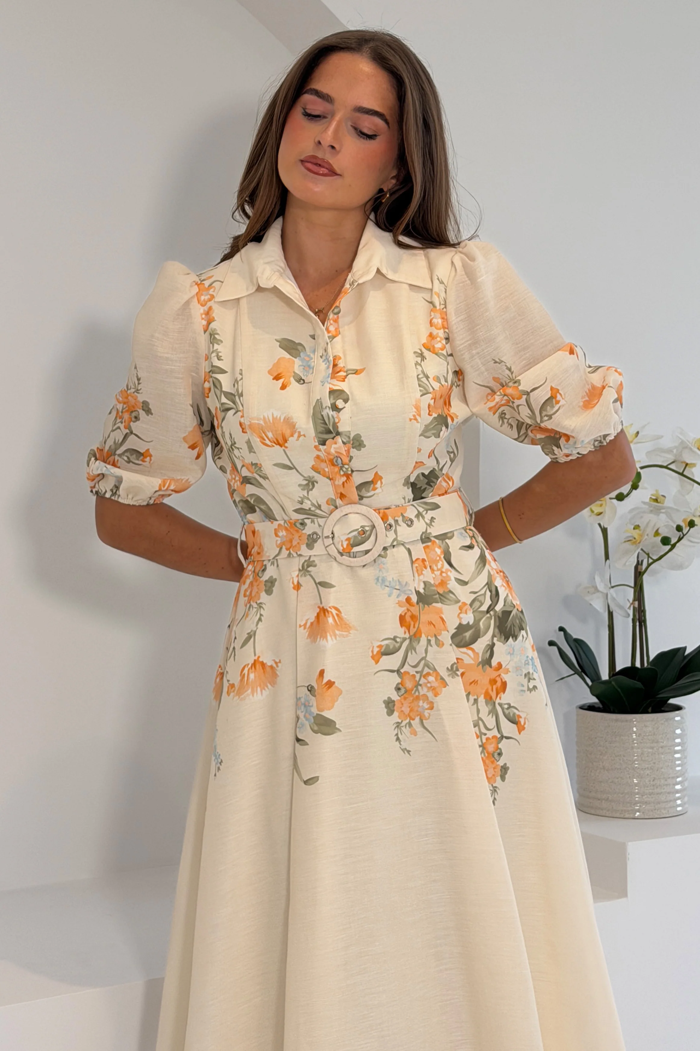 Renata Floral Boarder Print Print Midi Dress Cream - Image 4