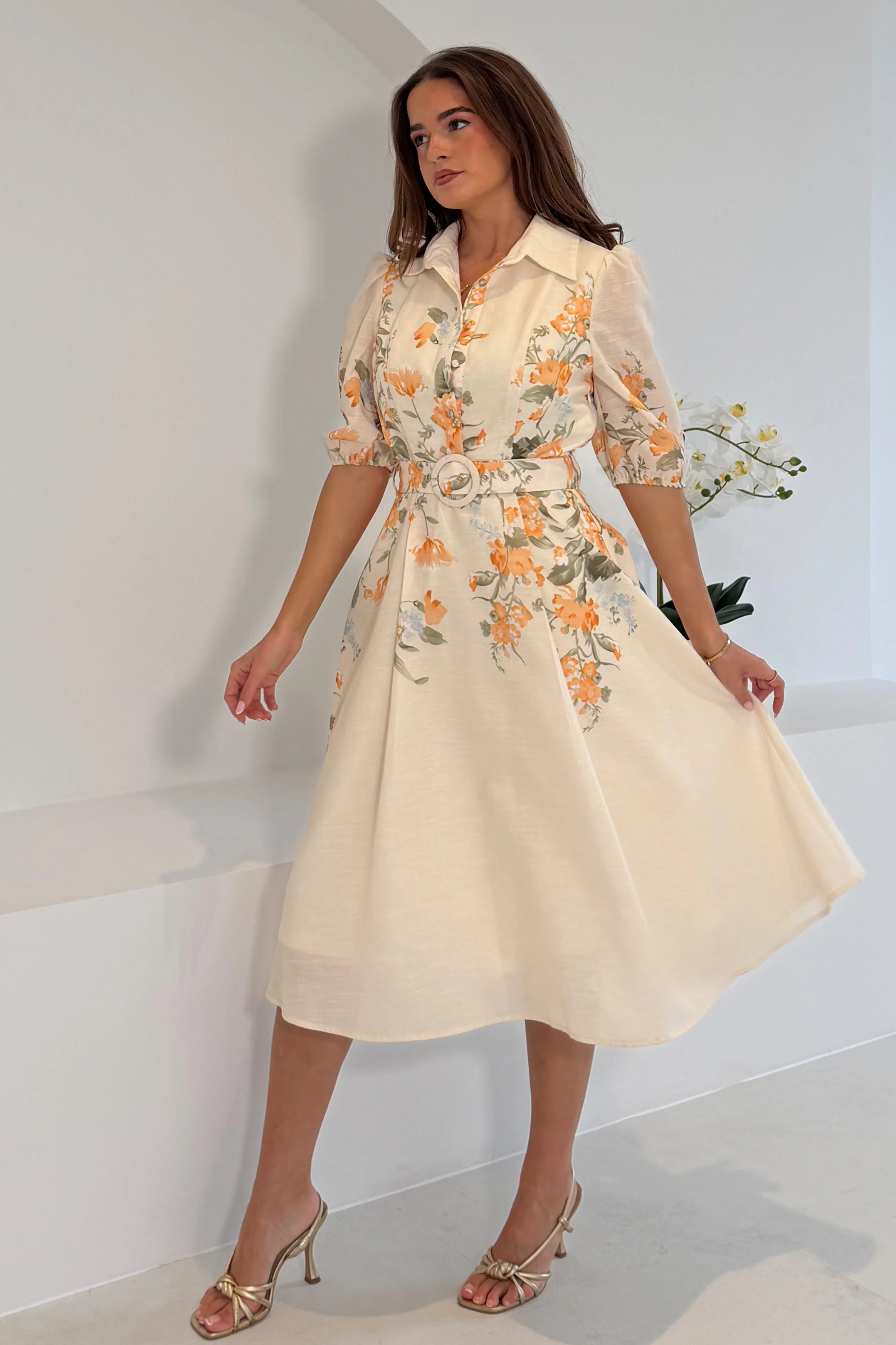Renata Floral Boarder Print Print Midi Dress Cream - Image 5