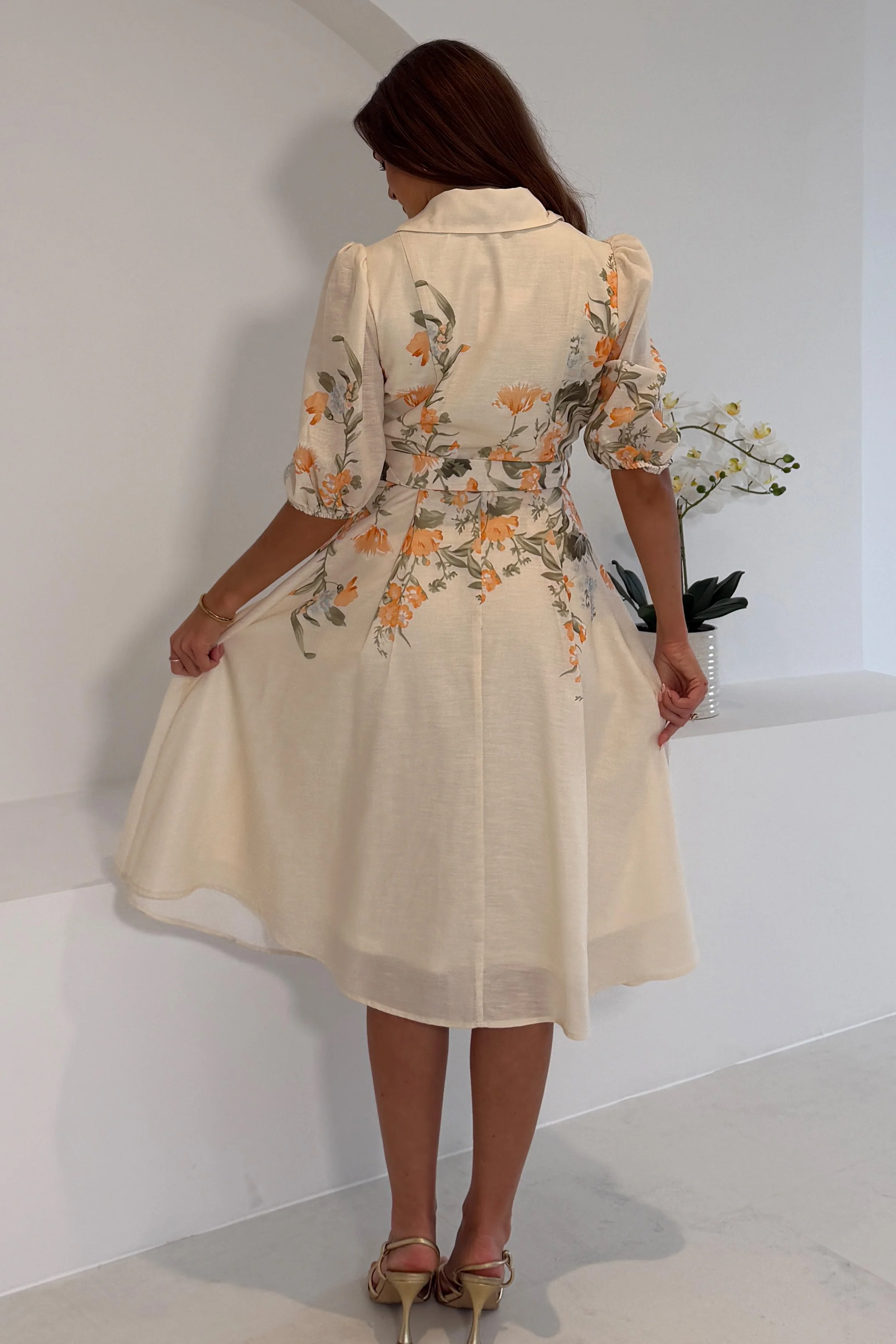 Renata Floral Boarder Print Print Midi Dress Cream - Image 6