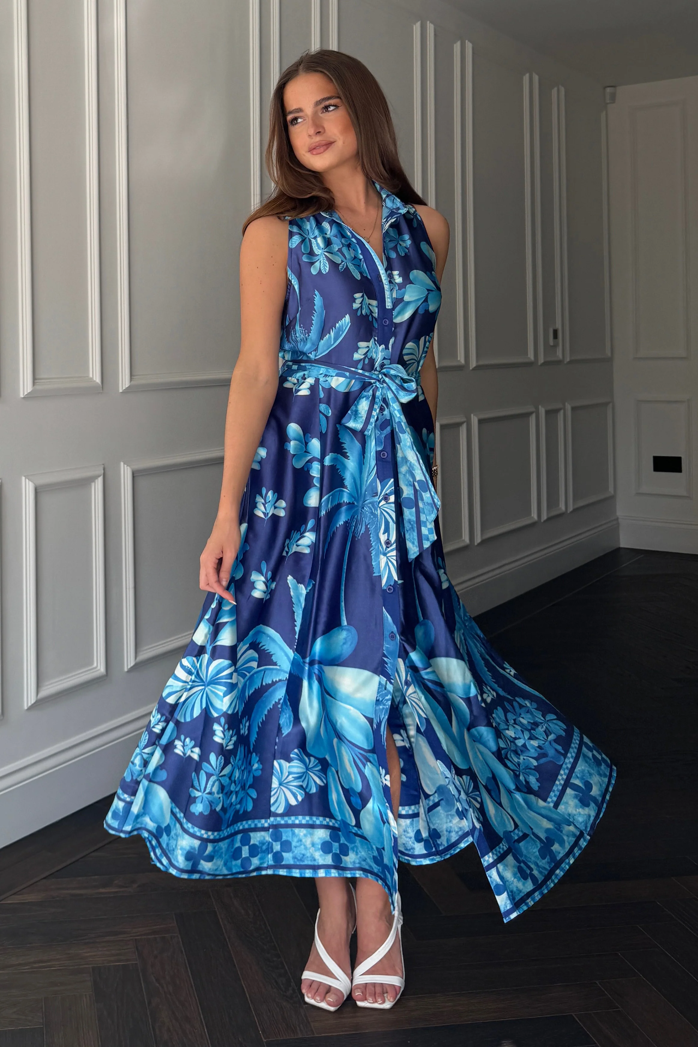 Rhia Sleeveless Blue Border Print Shirt Maxi Dress