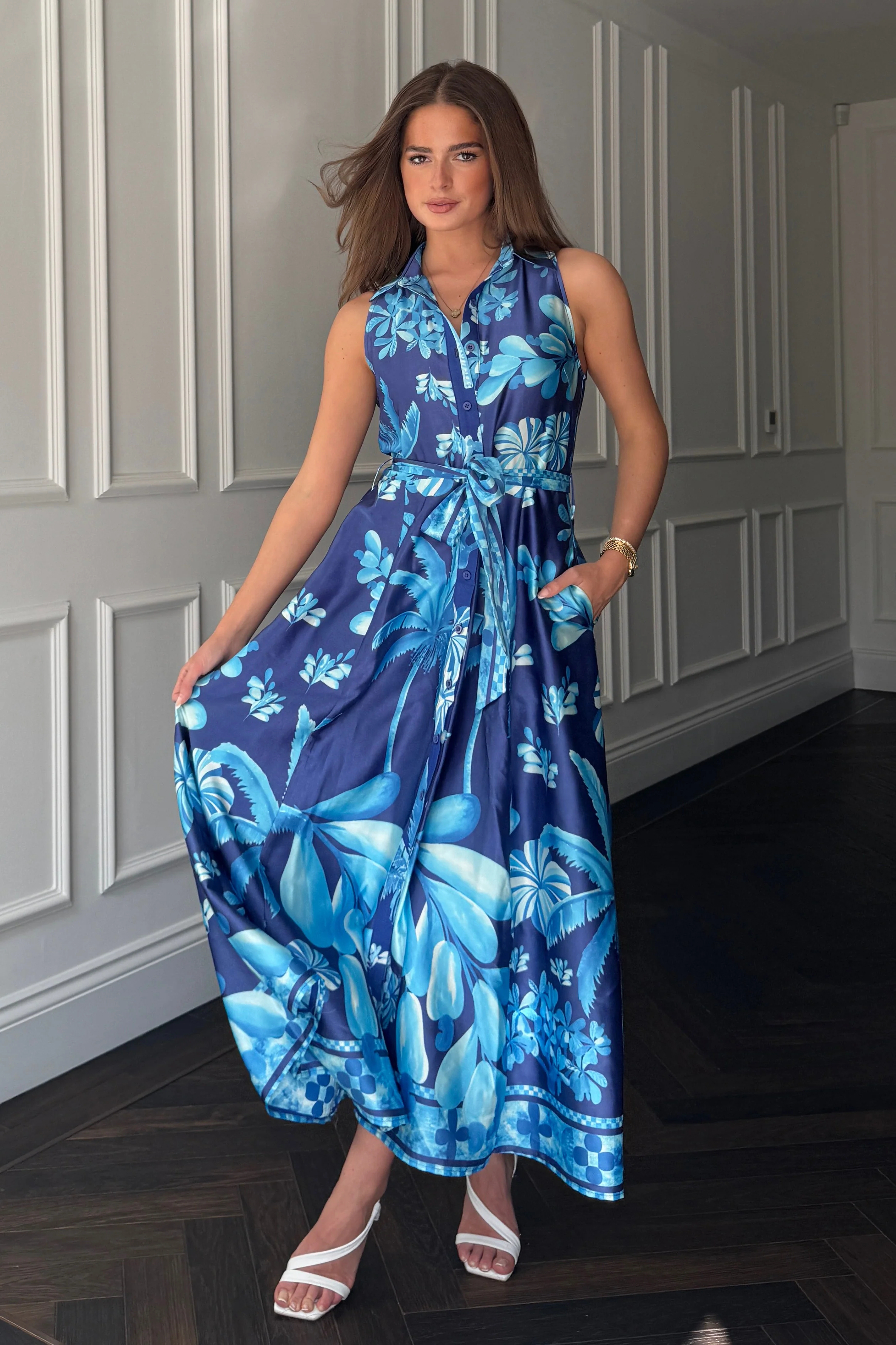 Rhia Sleeveless Blue Border Print Shirt Maxi Dress - Image 3