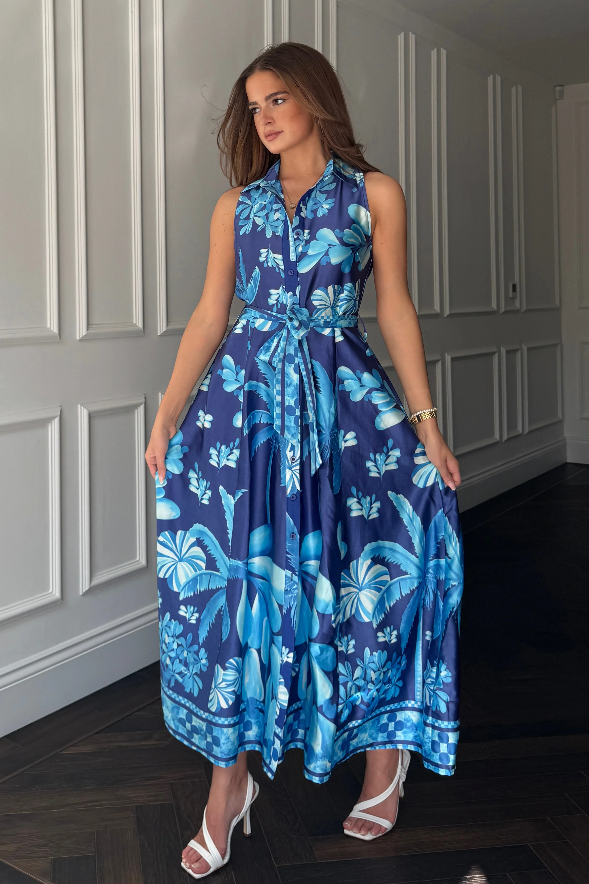 Rhia Sleeveless Blue Border Print Shirt Maxi Dress - Image 4