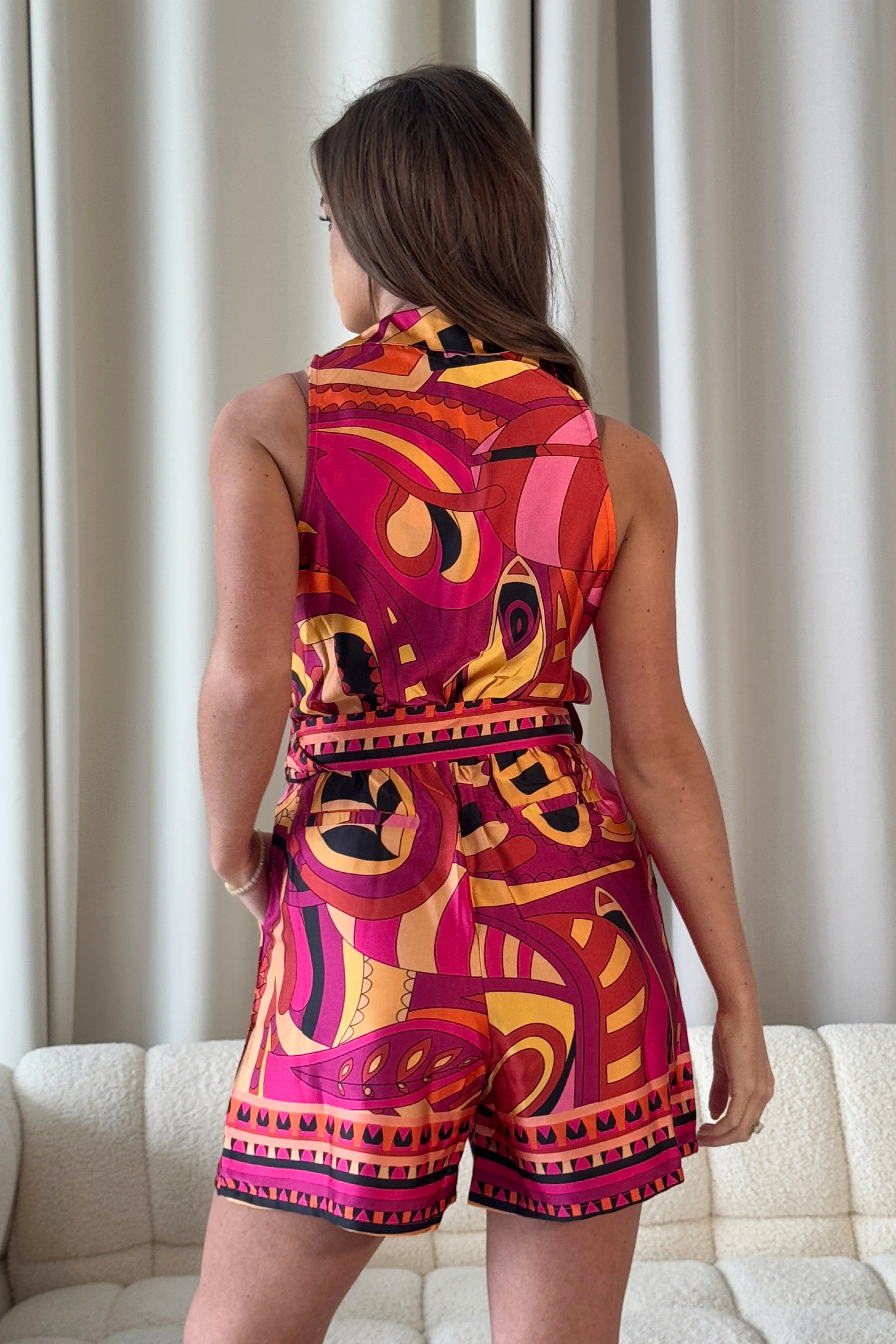 Ria Collar Playsuit Boarder Print - Image 5