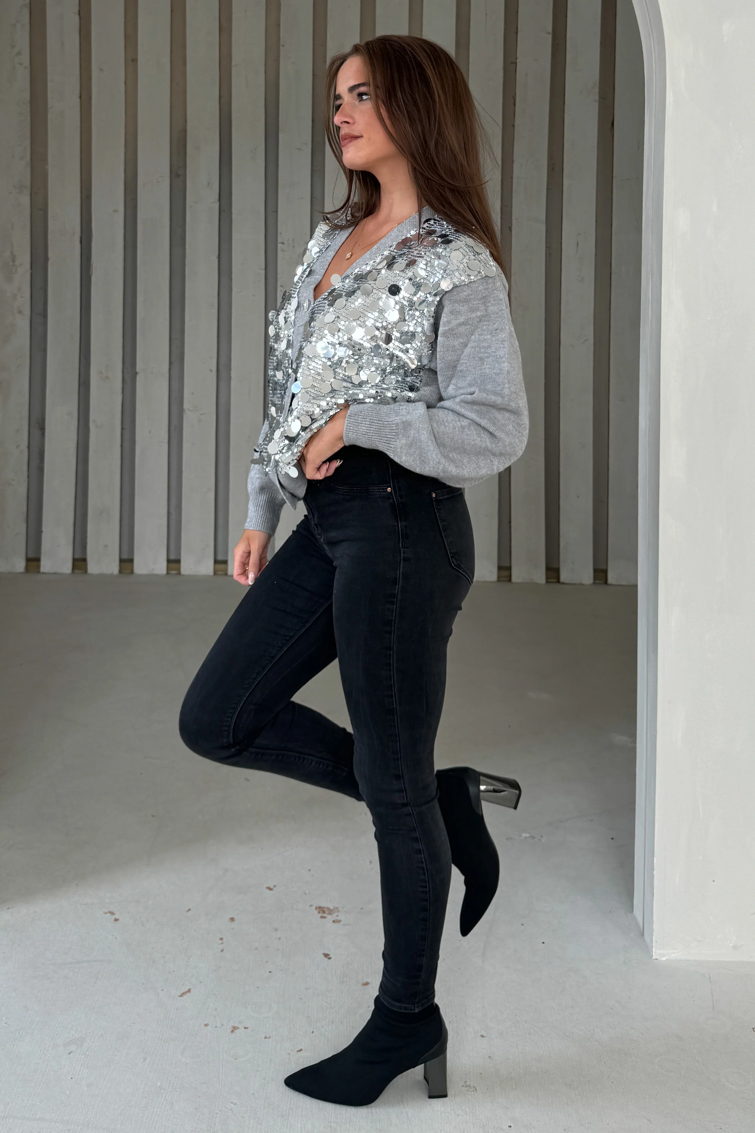 Rita Grey and Silver Sequin Knit Cardigan - Image 2