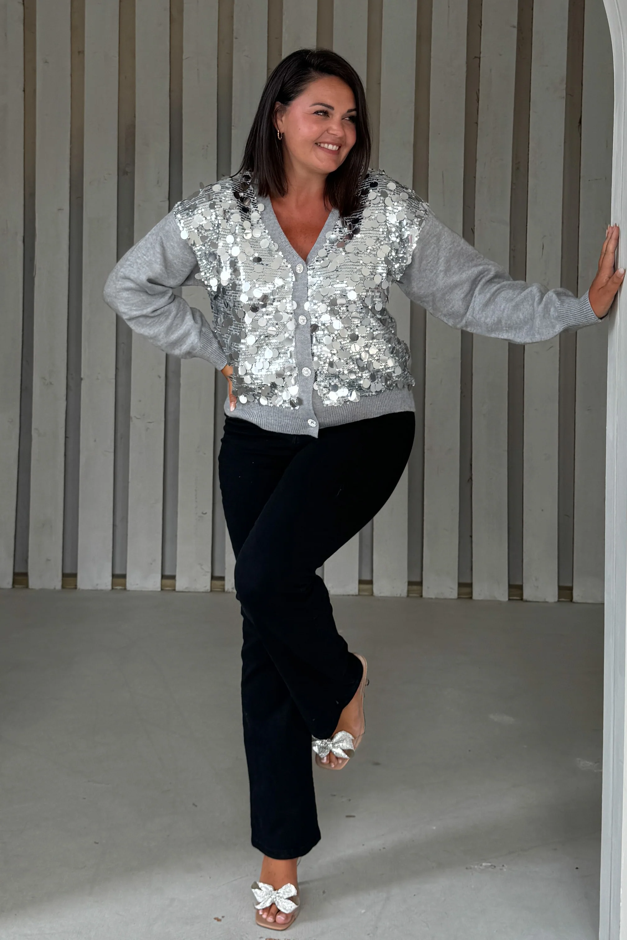 Rita Grey and Silver Sequin Knit Cardigan - Image 6