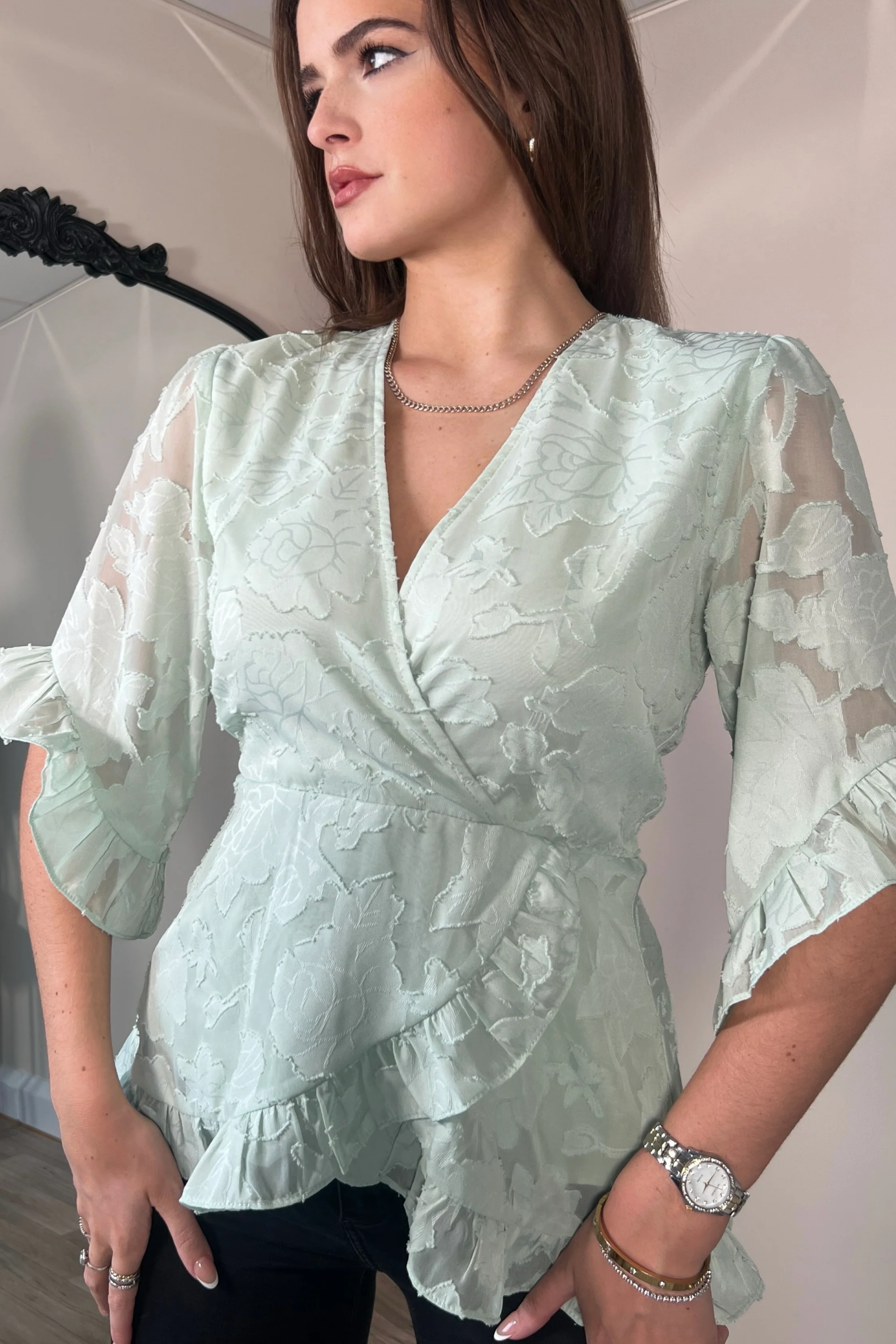 Rory Frill Detail Wrap Front Top Green - Image 2