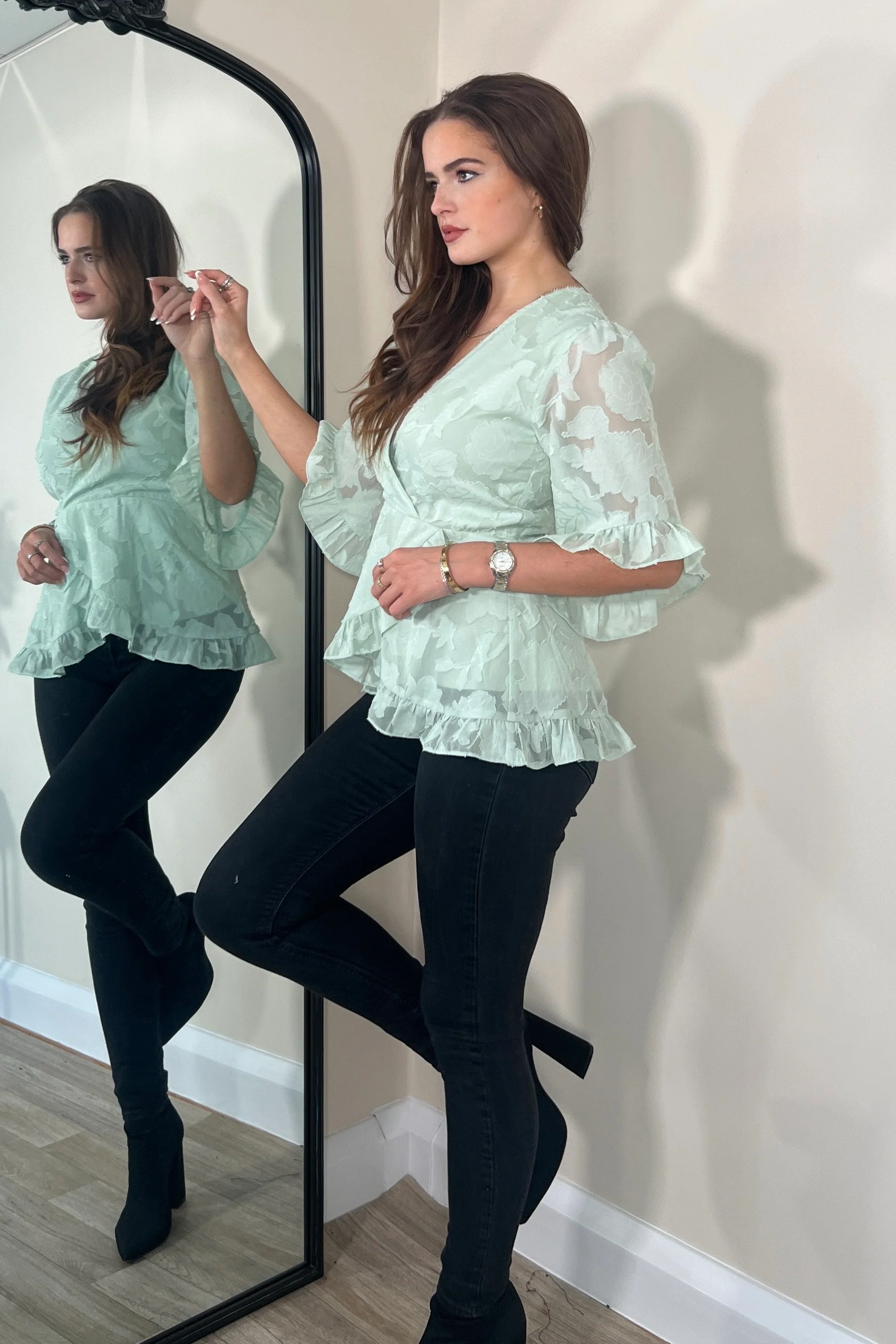 Rory Frill Detail Wrap Front Top Green - Image 3
