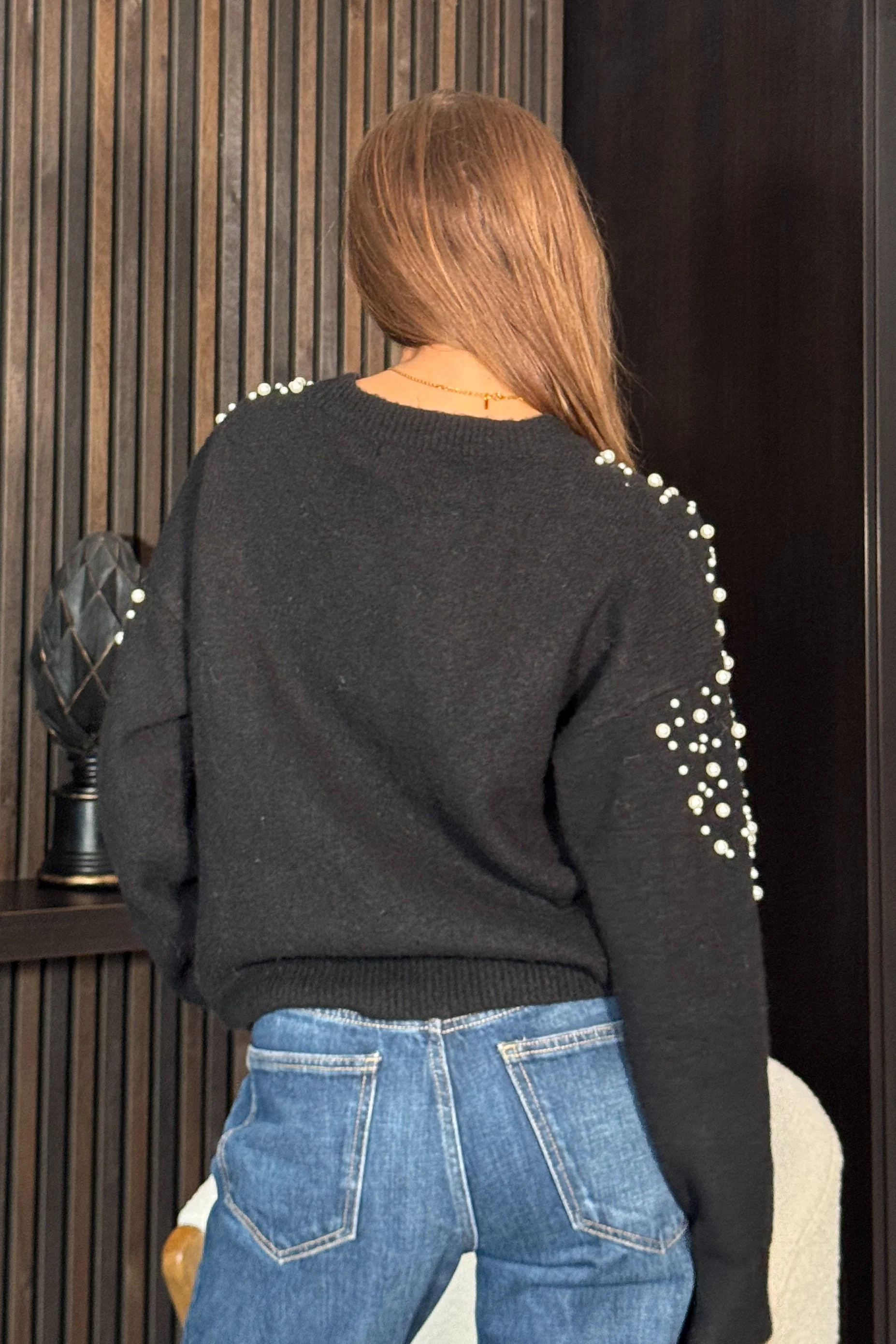 Rosaria Pearl Detail Round Neck Jumper Black - Image 7